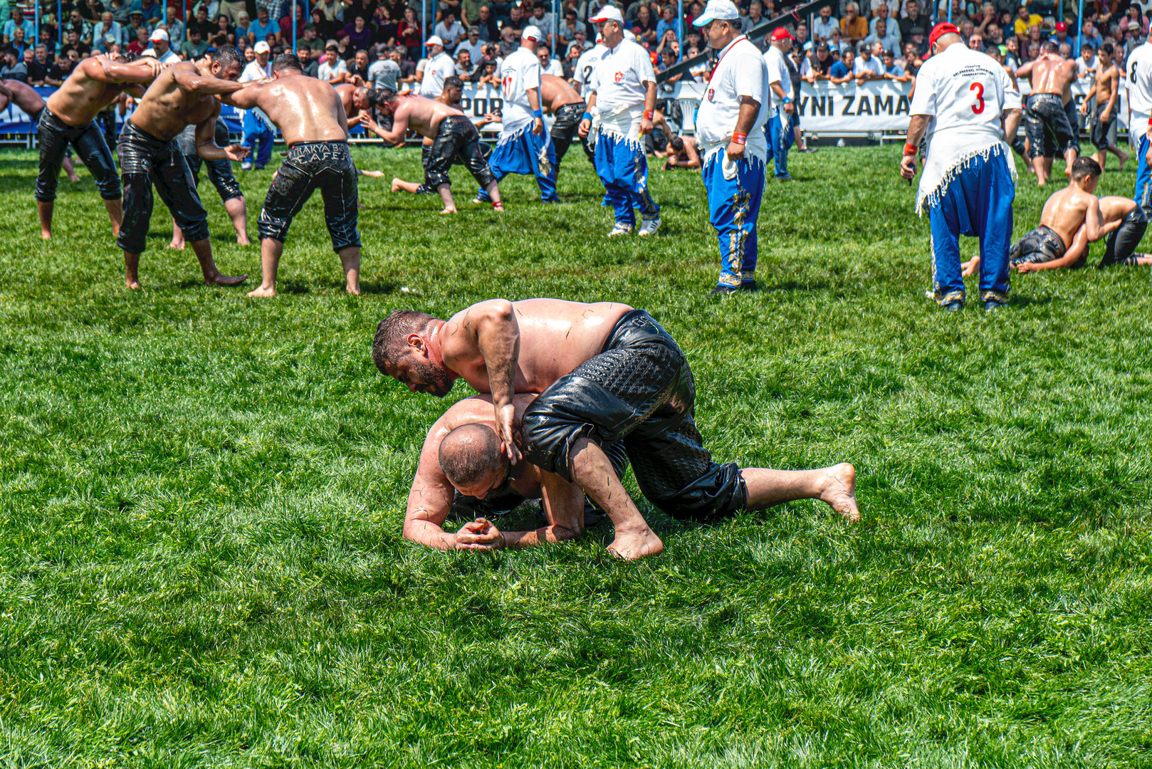 Manavgat, Antalya, Turkey-May 12, 2023: Traditional oil wrestling festival in Manavgat, many wrestlers and wrestling fans come together every year.