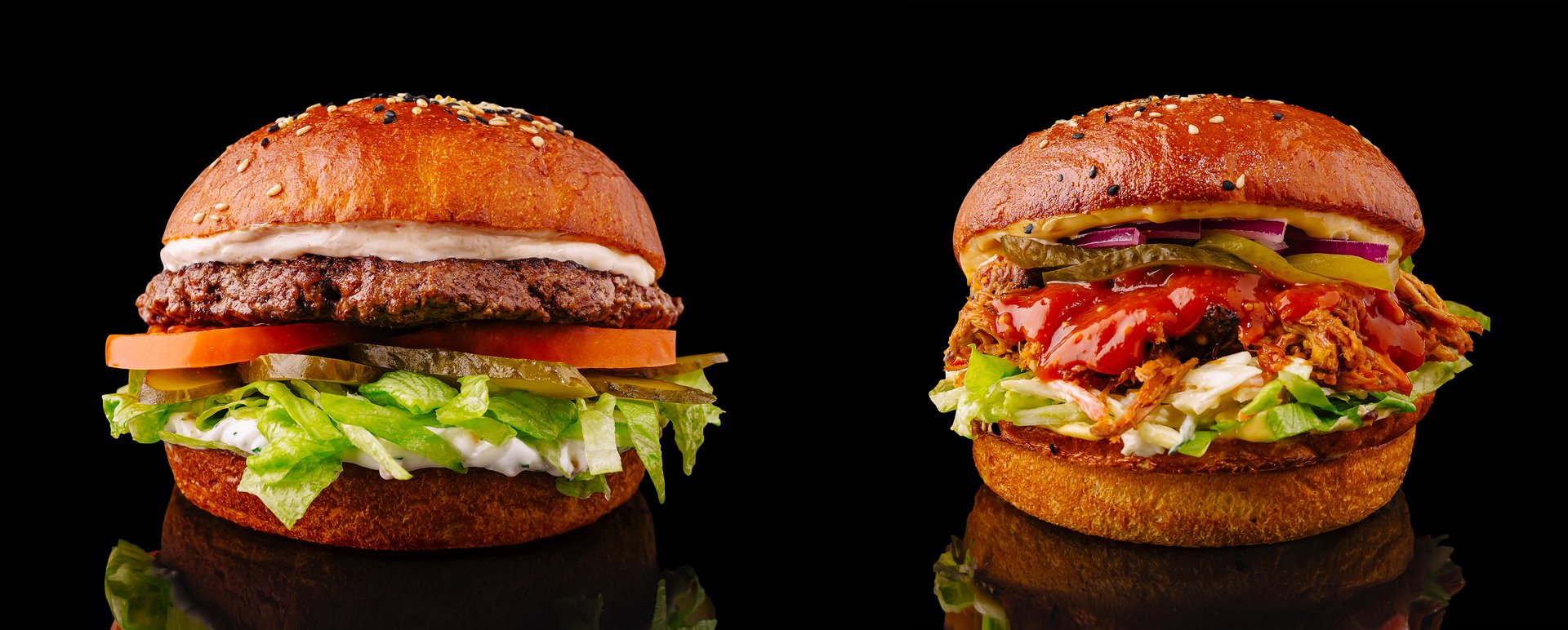 Two mouthwatering gourmet burgers showcase quality ingredients.