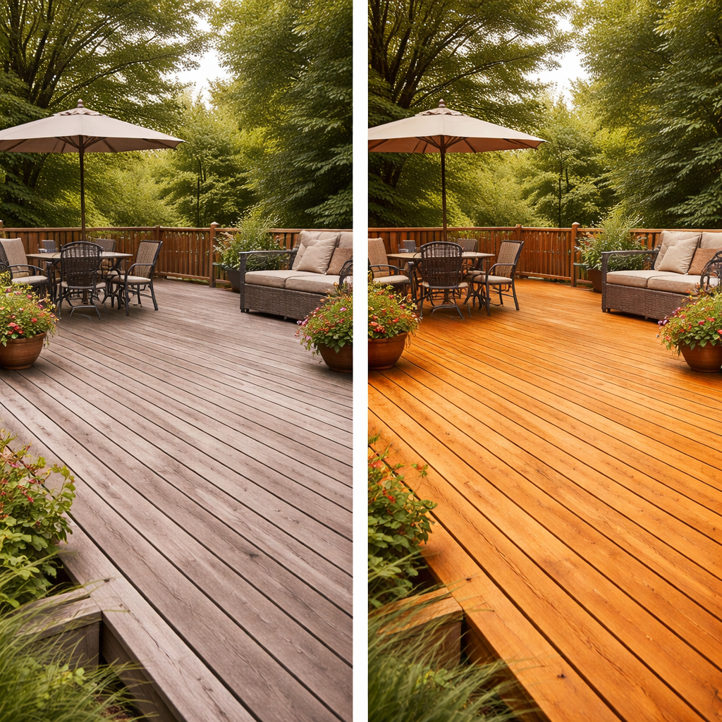 Weathered cedar deck with algae moss and discoloration
