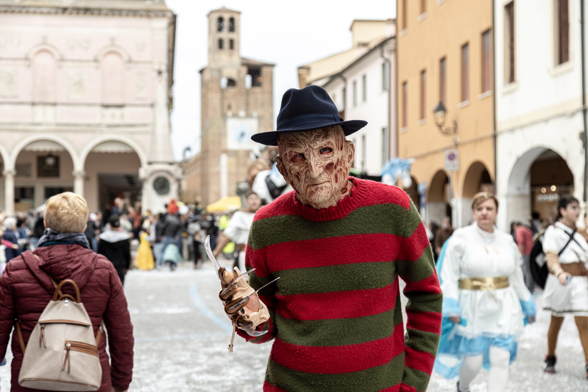 Piove di Sacco, Veneto, Italy - Mar 26th, 2023: Man dressed as the fictional character of horror films Freddy Krueger at a street carnival parade