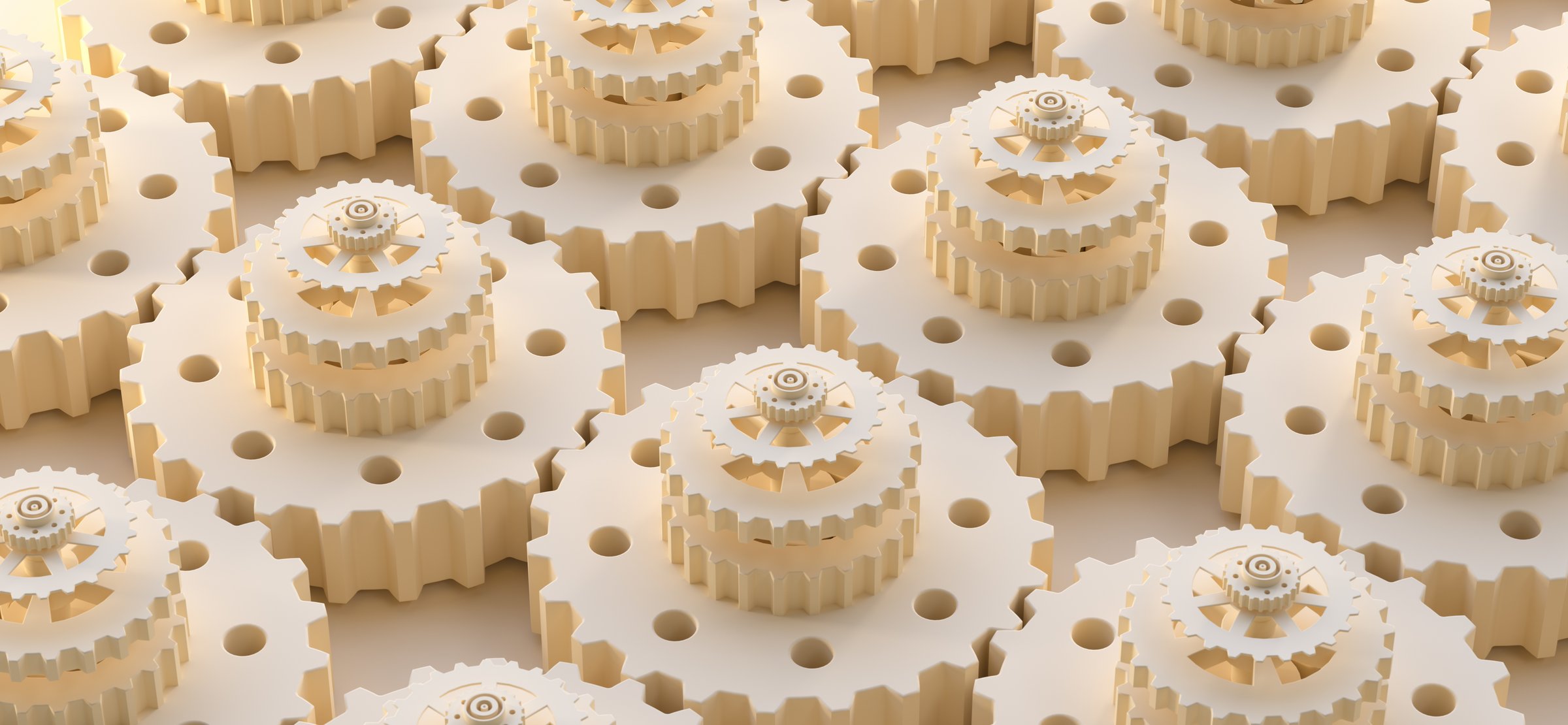 This 3D illustration showcases a series of 3D-printed mechanical gears neatly aligned side by side. The arrangement emphasizes the precision and engineering expertise required in modern manufacturing processes. Each gear is intricately designed, highlighting the meticulous attention to detail in product development.