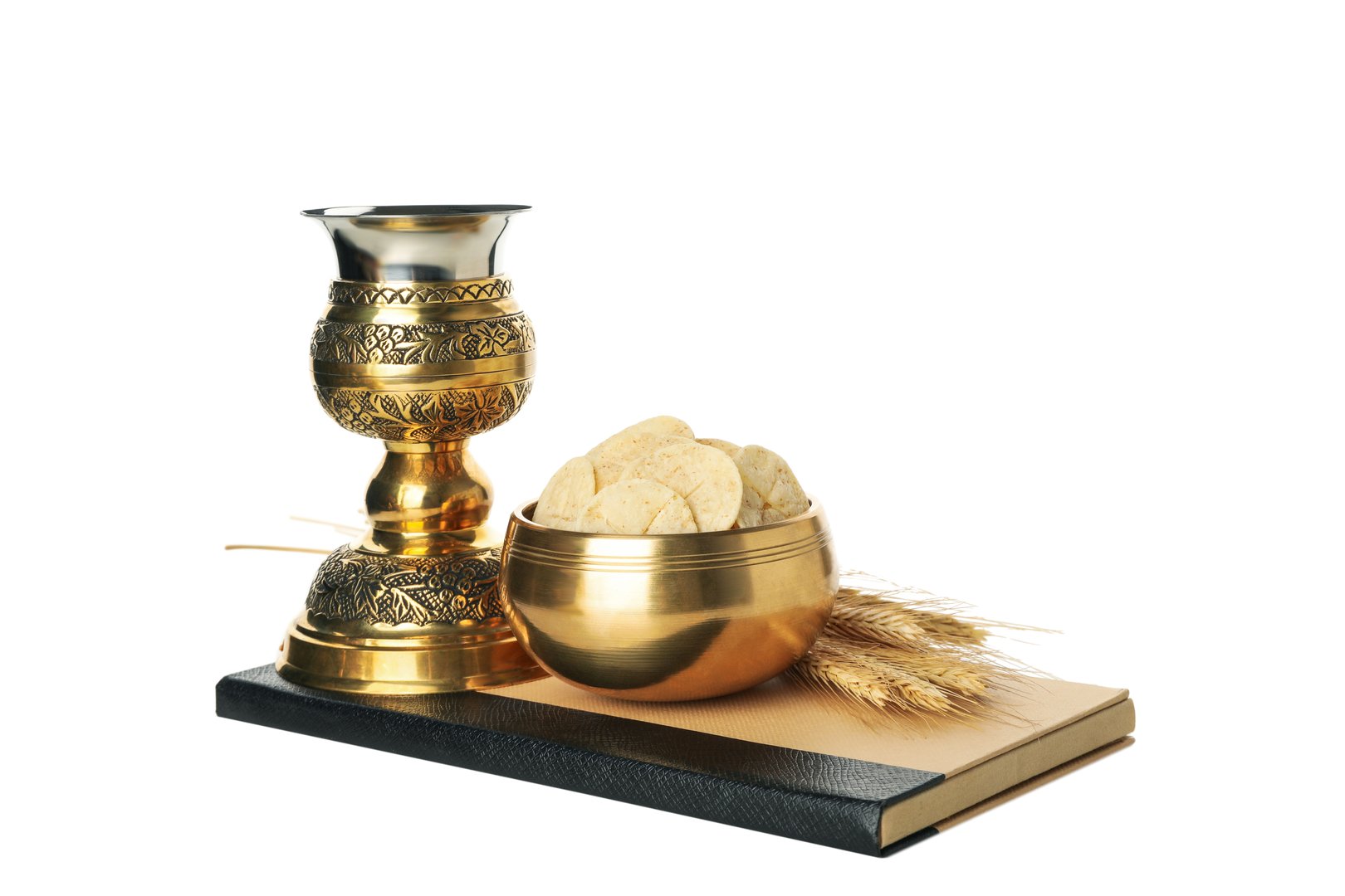 PNG, Bread in golden bowl, spikelets and cup on book, isolated on white background