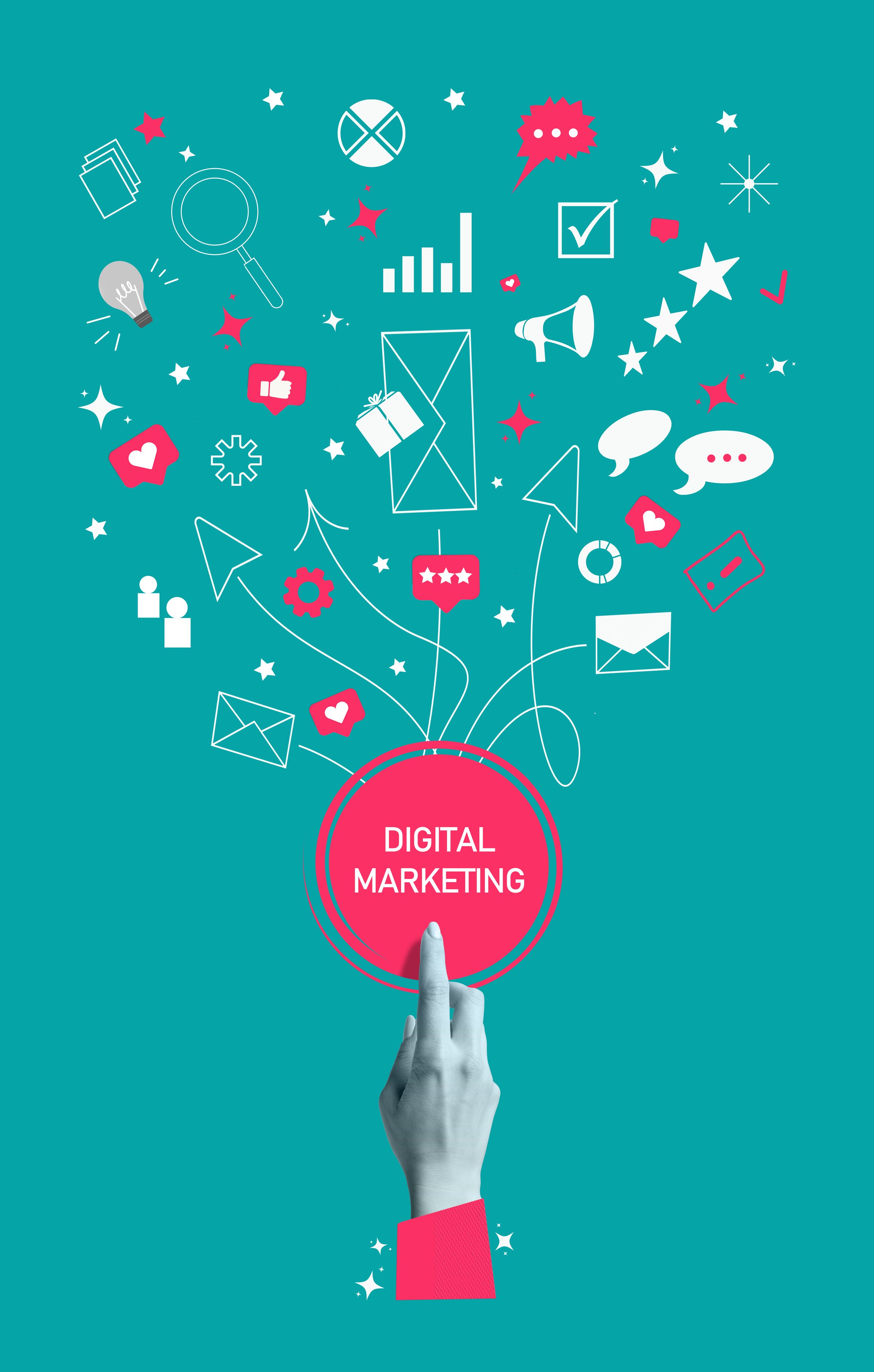 Set of icons for digital marketing strategy. Branding, website development, advertising, social media marketing, content management. Concept of social media marketing development. AD poster