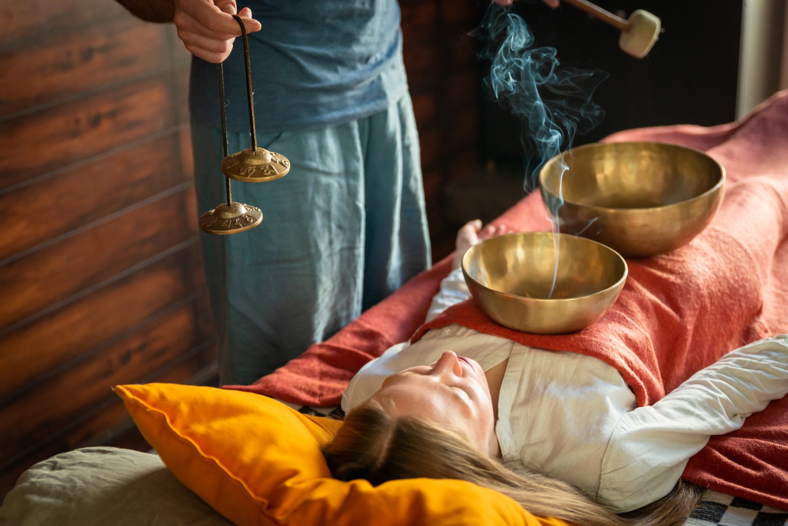 Accessories for sound massage. Tibetan singing bowls treatment