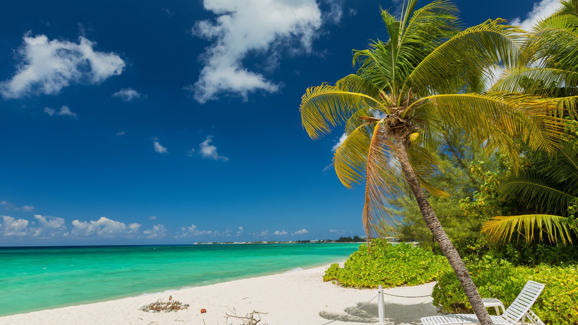 Couple walking hand in hand on pristine white sand beach surrounded by palm trees and turquoise waters in Maldives