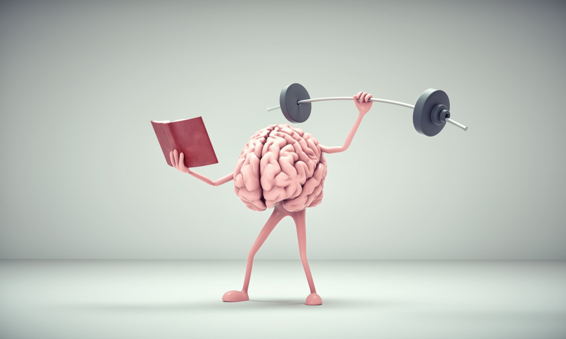 Human brain lifting weight and reading a book. Private lessons and knowledge concept .This is a 3d render illustration