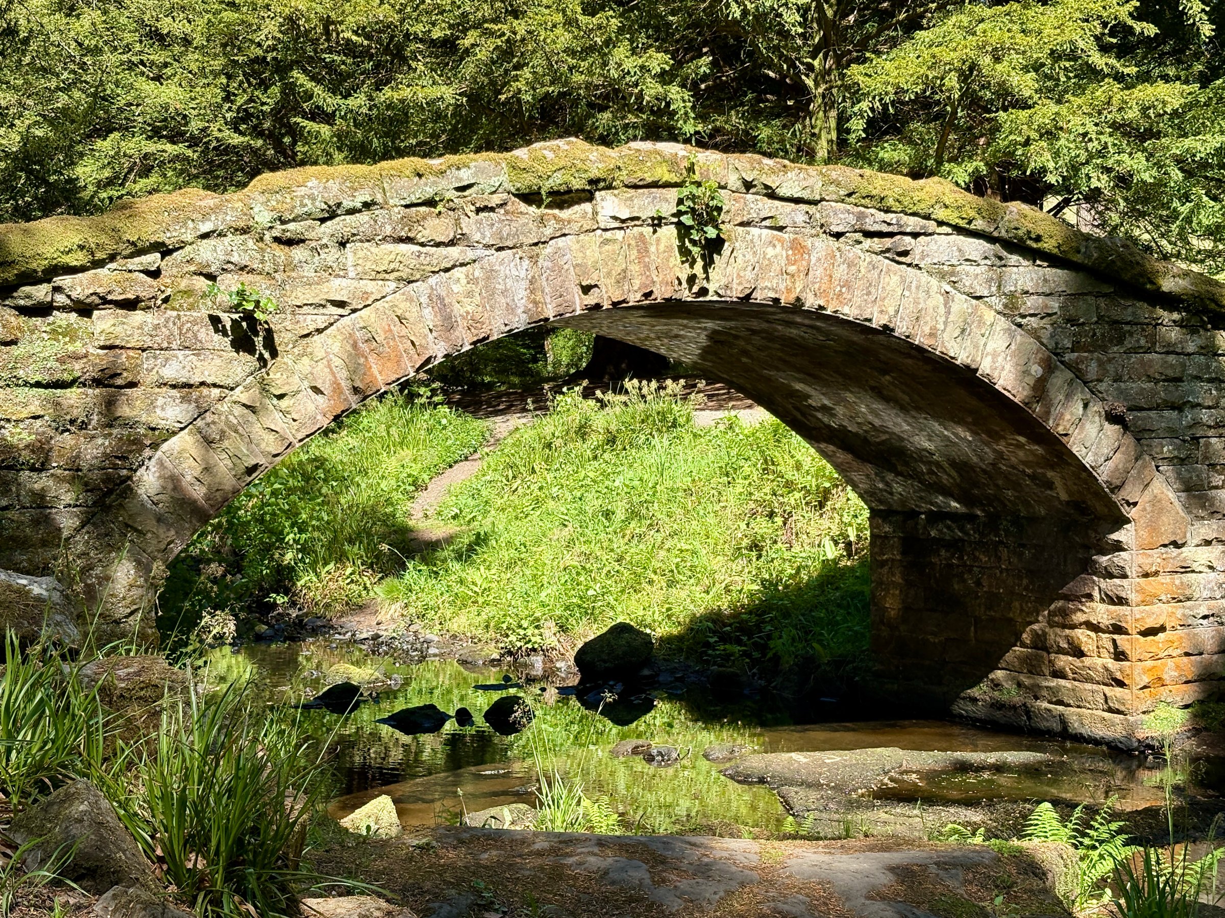 Rural stone foot bridge over river