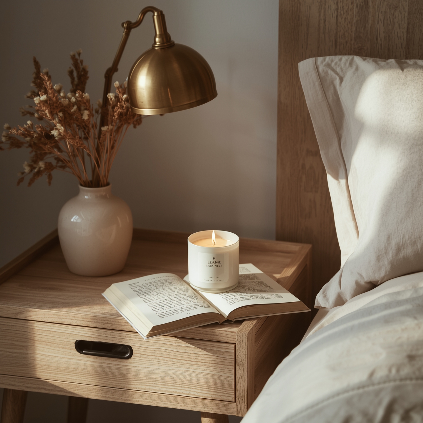 A Scandinavian bedside table scene with cozy details