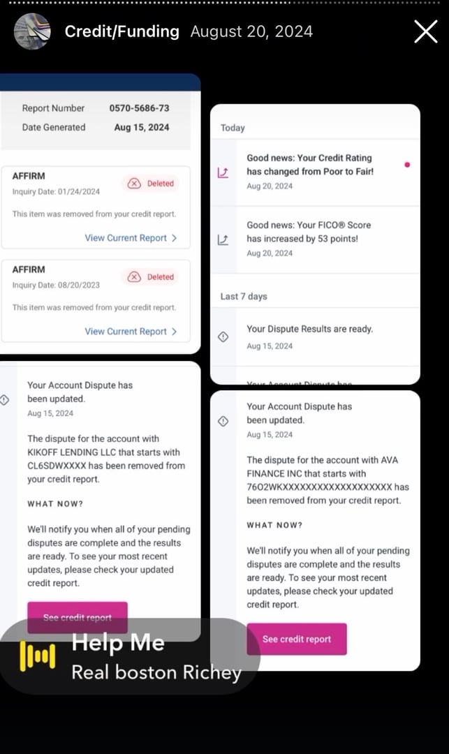 Recent credit repair success screenshot