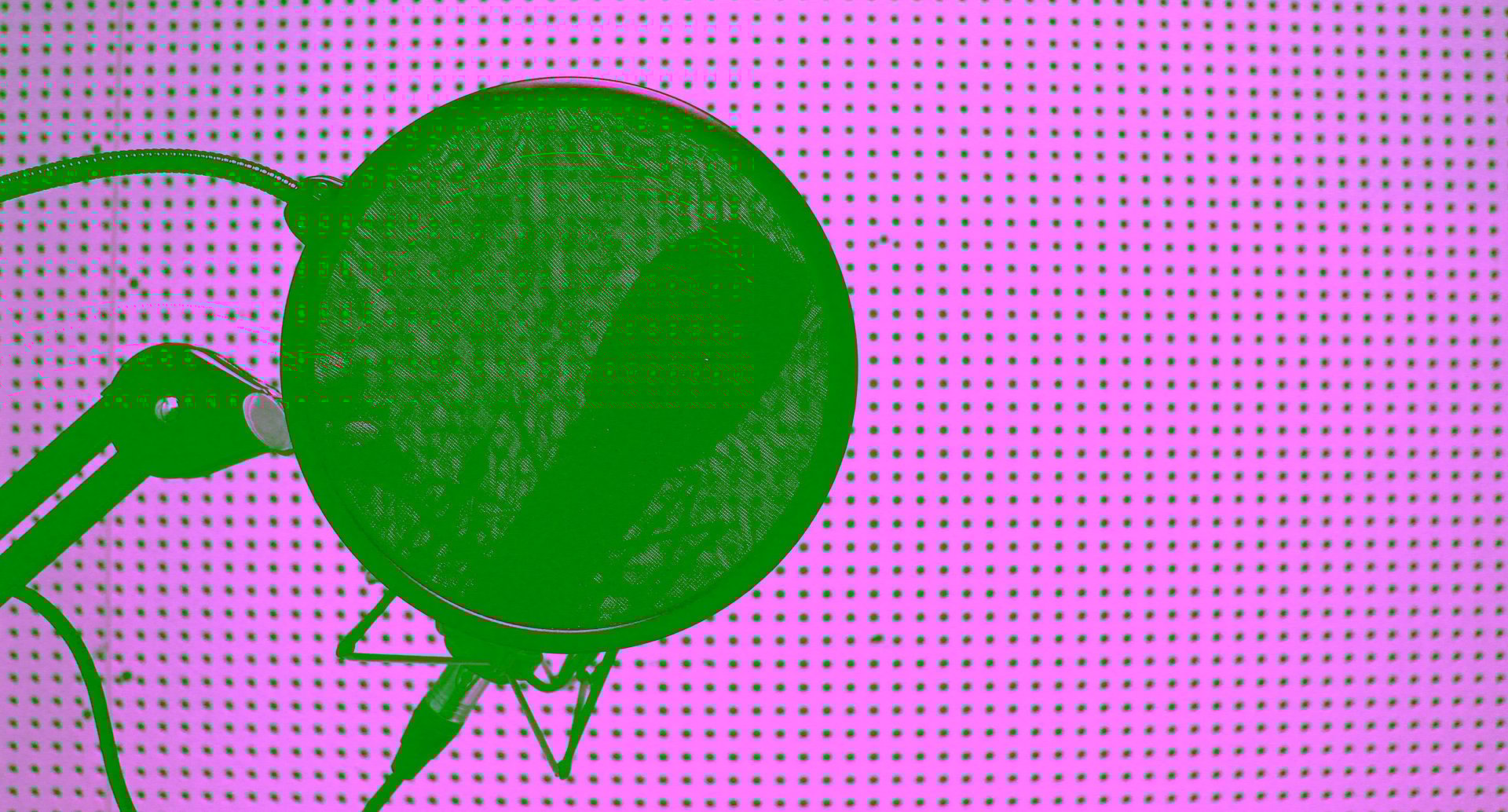 Professional microphone with mask filter for voice recording against sound absorbing panels in a recording studio