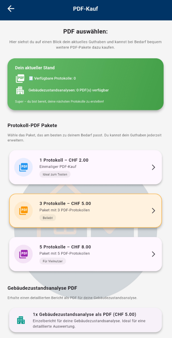 Preisübersicht Wohnungsprotokoll App