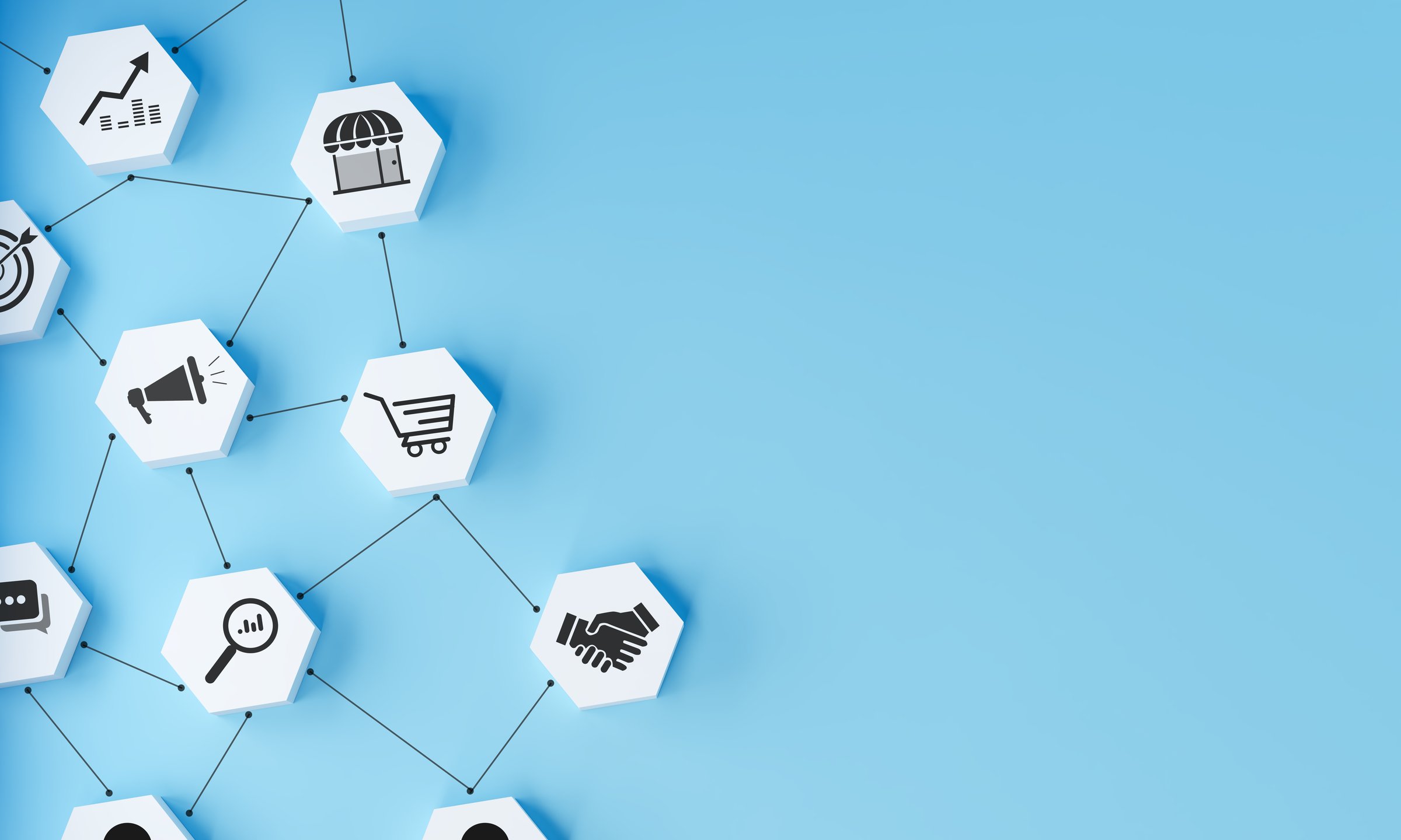 Business and marketing concepts like Ecommerce, advertising, data analysis, and partnership in an integrated digital ecosystem. A network of interconnected hexagonal icons on a light blue background.