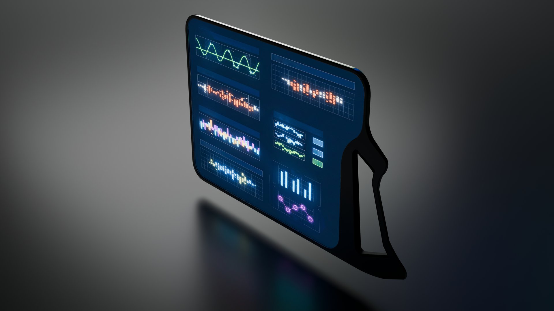 3D render showing futuristic tablet standing vertically with glowing illuminated interface symbolizing modern portable digital technology and communication.