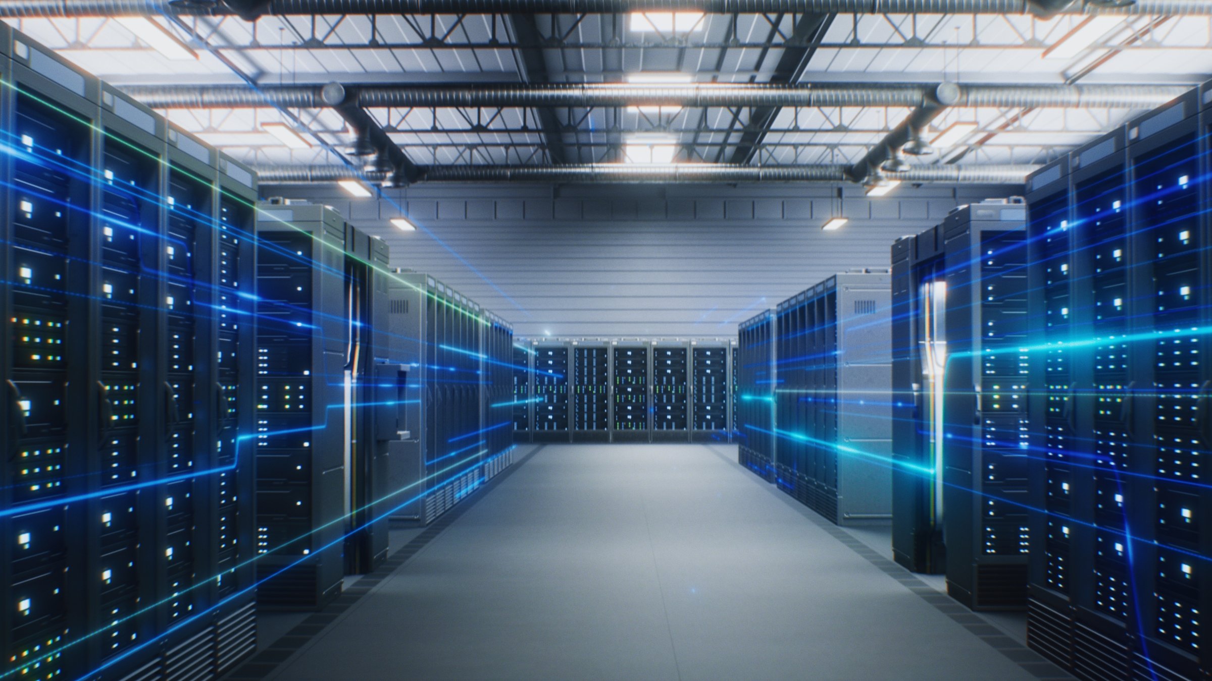Futuristic Data Center with Server Racks in Big Warehouse. Animated Visualization of Data Flow, Internet Traffic on Servers. Information Technology, Digitalization Concept. VFX Animation. Dolly Shot.