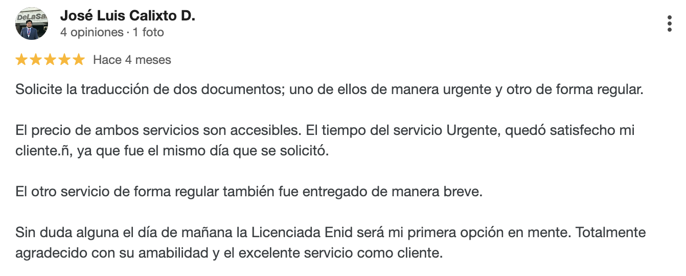 Reseña de cliente satisfecho sobre servicios de traducción certificada