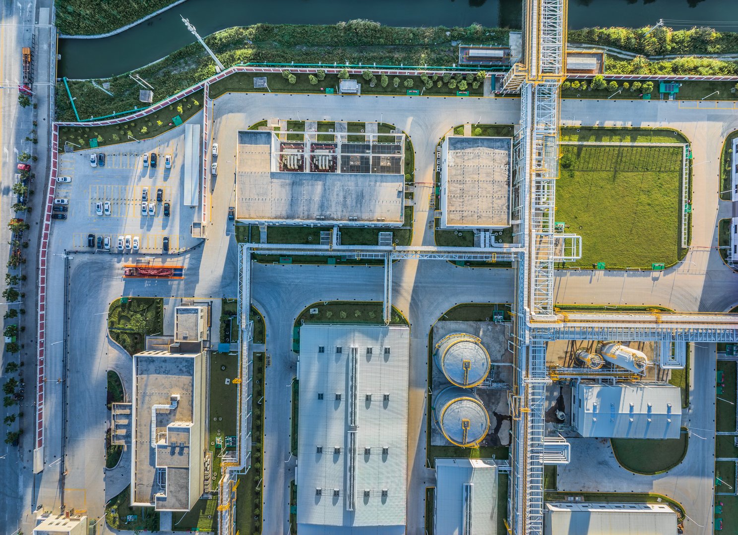 Aerial view of an industrial area with buildings, representing manufacturing infrastructure and industrial zone planning.