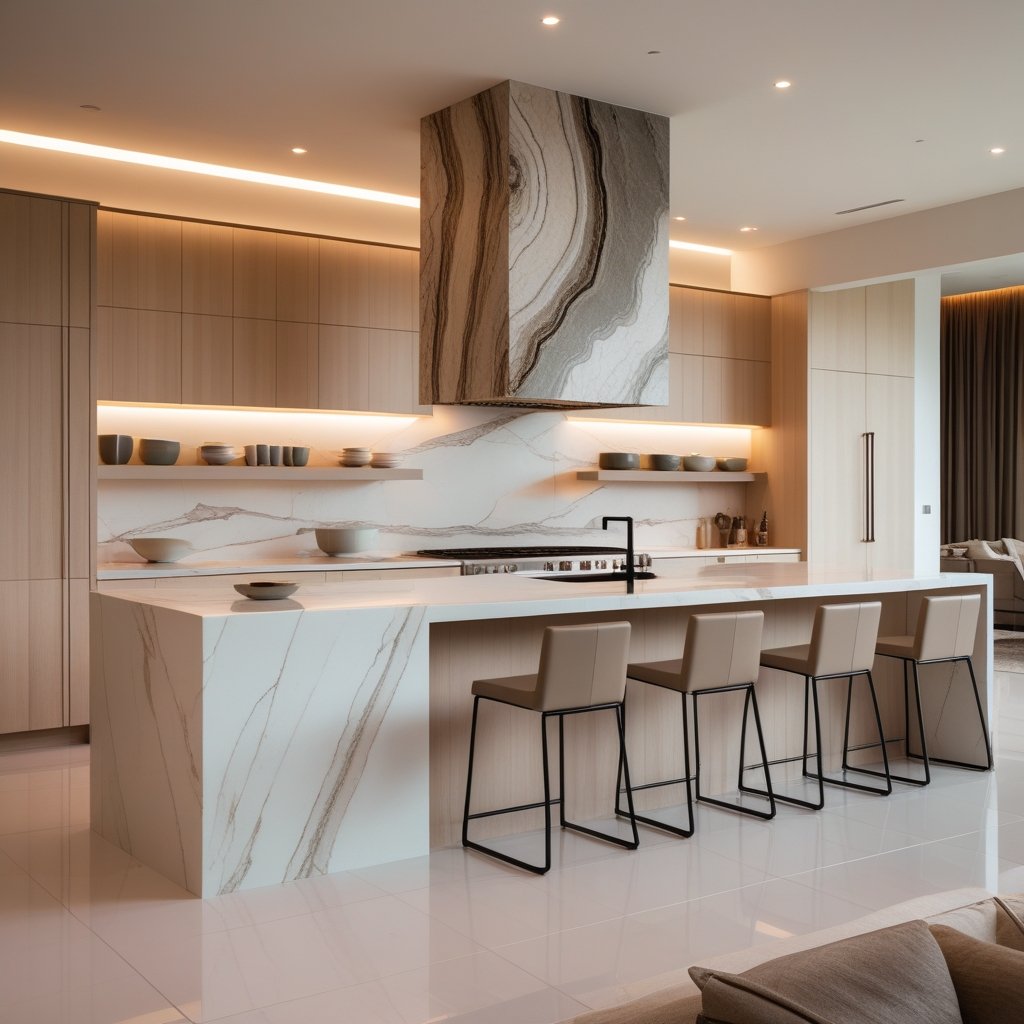 Modern kitchen with marble island, bar stools, wooden cabinets, and sleek lighting.