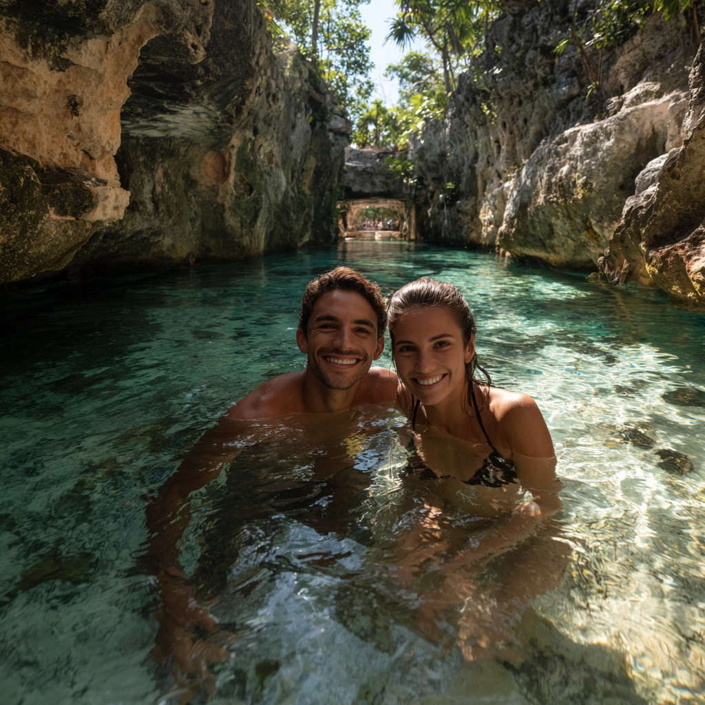 realistic photo of a couple swimming and smiling