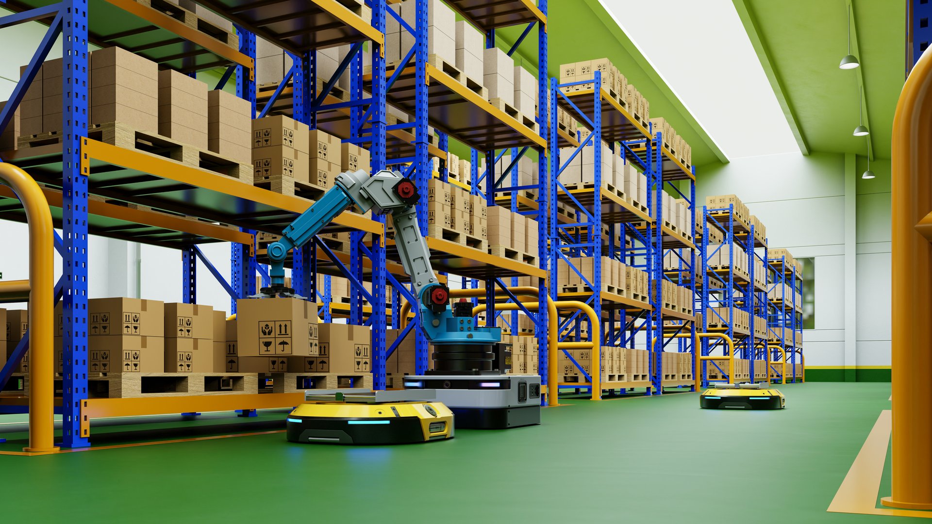Automated robotic arm and automated guided vehicle managing packages in a modern warehouse. Featuring shelves with cardboard boxes- 3D rendering