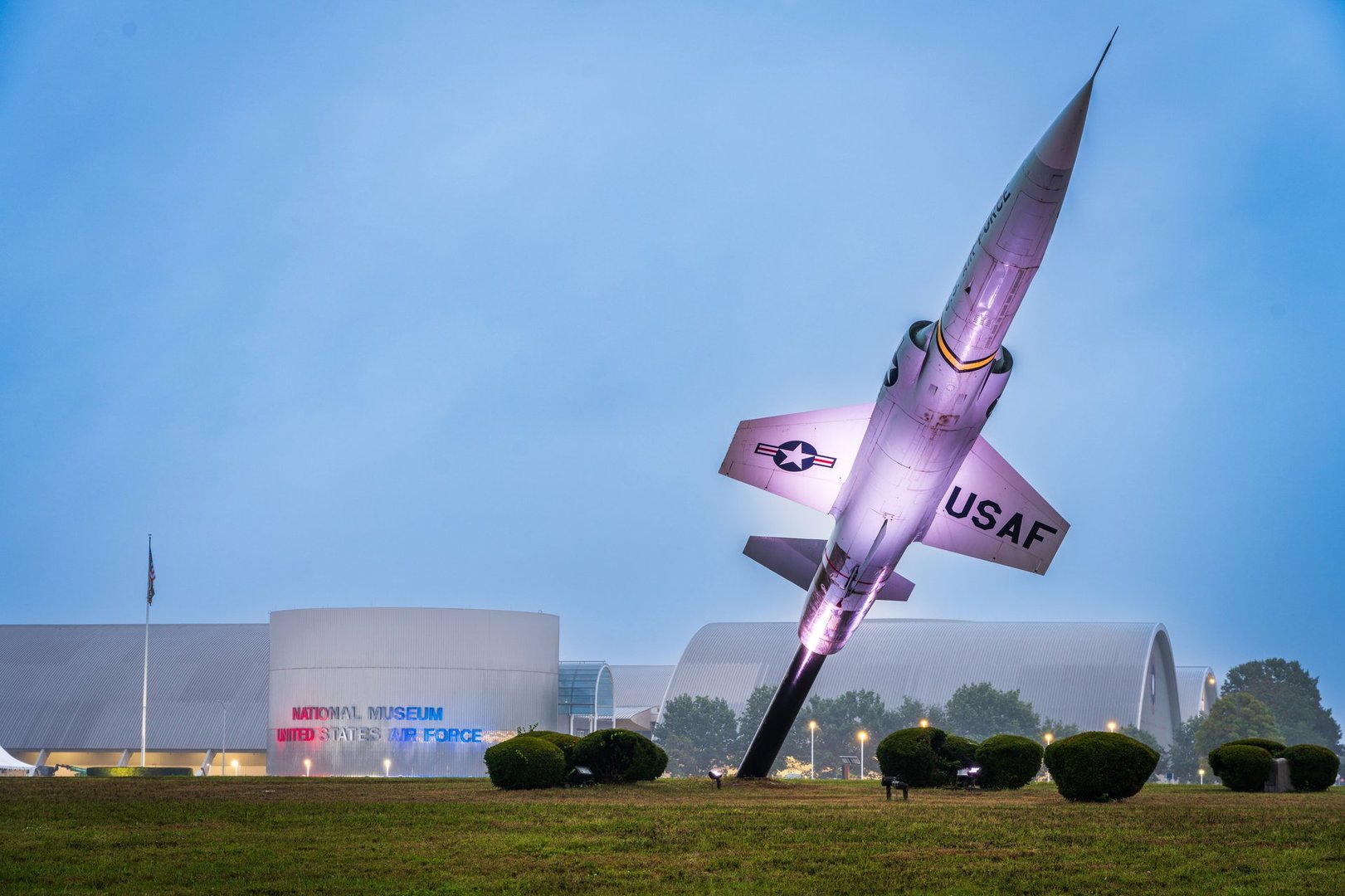 Dayton, Ohio, USA - September 29, 2024: The National Museum of the United States Air Force at blue hour. It is considered the oldest and largest military aviation museum in the world.