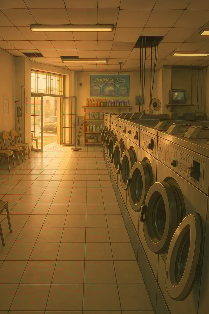 Empty laundromat with washing machines along the wall, chairs, detergent shelves, and sunlight streaming through the window.