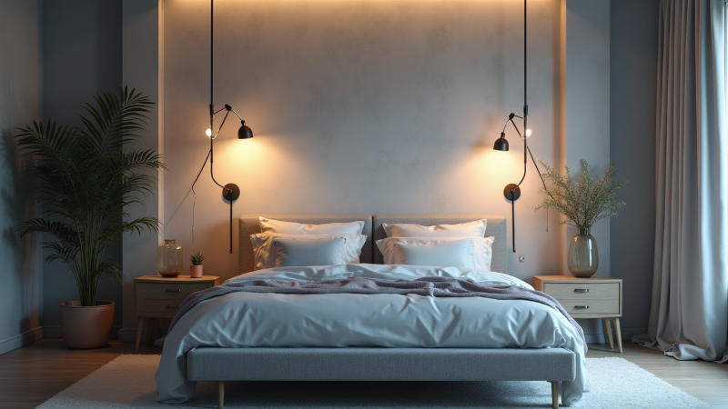 Stylish bedroom interior with closet and wooden panel, 3D Rendering