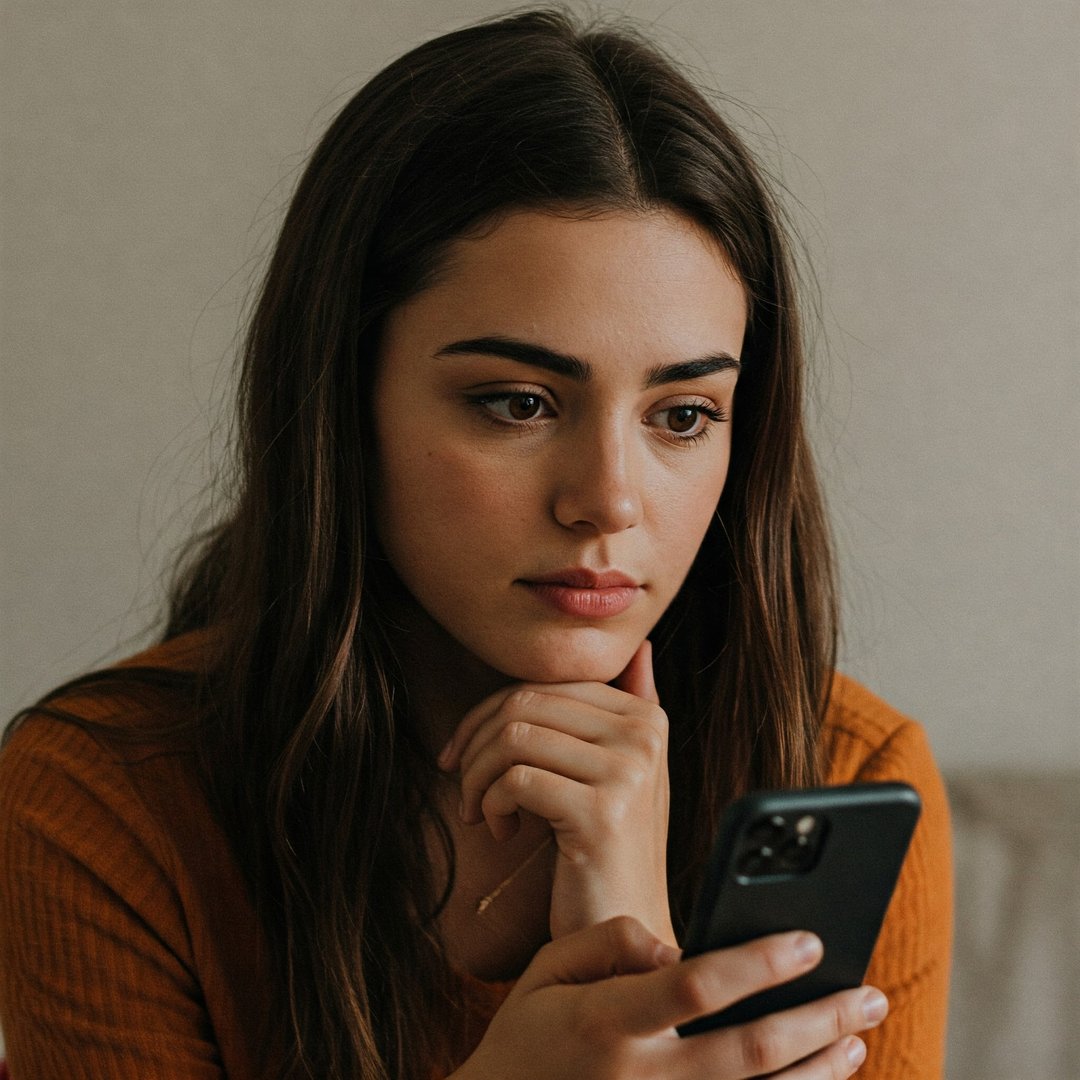 Woman with long brown hair, wearing an orange top, looking intently at a smartphone in her hand.