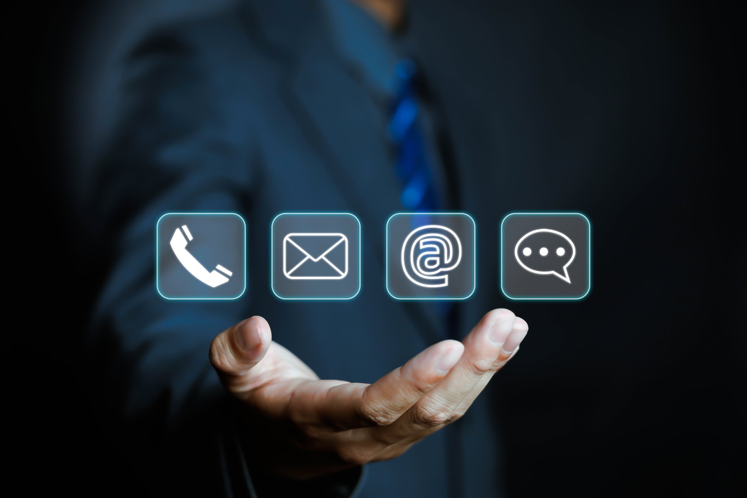 Businessman contact customer support, email help concept, website, digital technology of business contact services (address, phone, email, mobile, call)