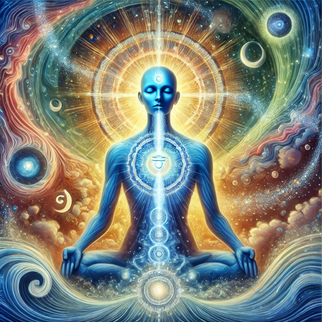 A blue figure meditates with glowing chakras, surrounded by cosmic and oceanic elements in a vibrant, mystical scene.