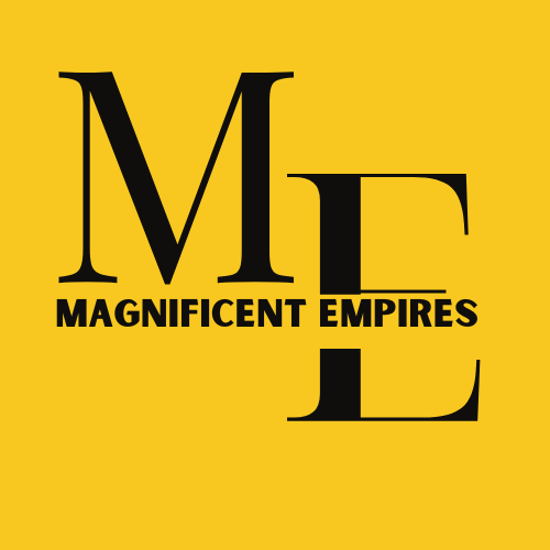 Black letters "ME" with "MAGNIFICENT EMPIRES" underneath on a yellow background.