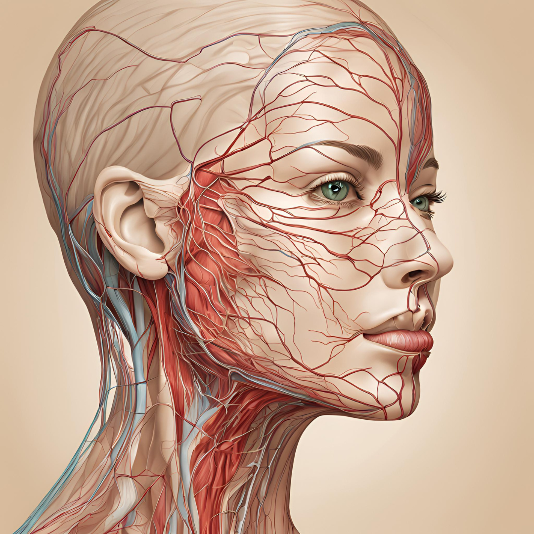 Illustration of a woman's head and neck showing detailed vascular anatomy with visible veins and arteries on a beige background.
