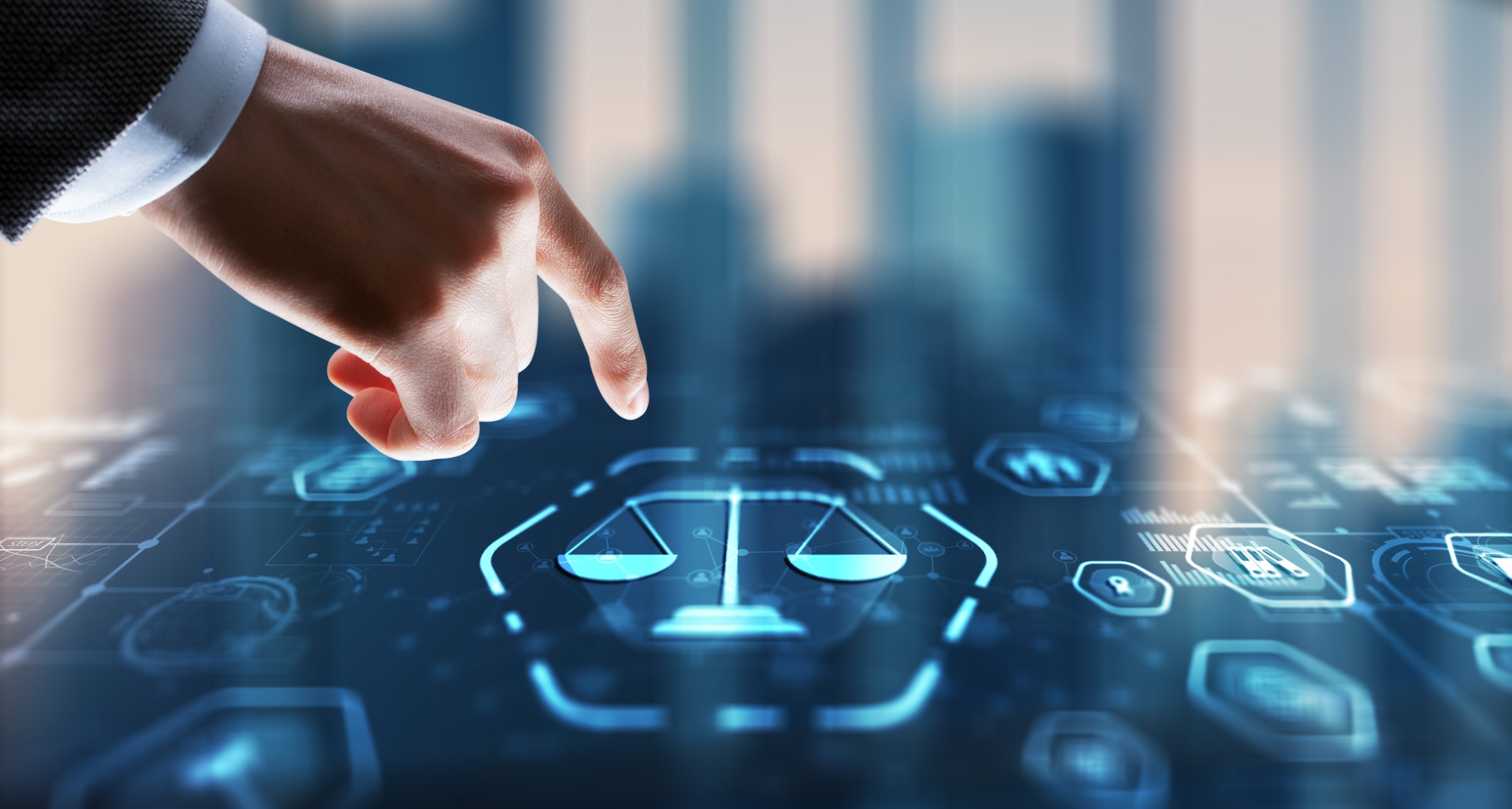 Justice and law concept. Icon Law on virtual screen. Blurred background.