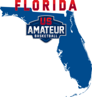 Outline of Florida with 'US Amateur Basketball' logo and red 'Florida' text above.