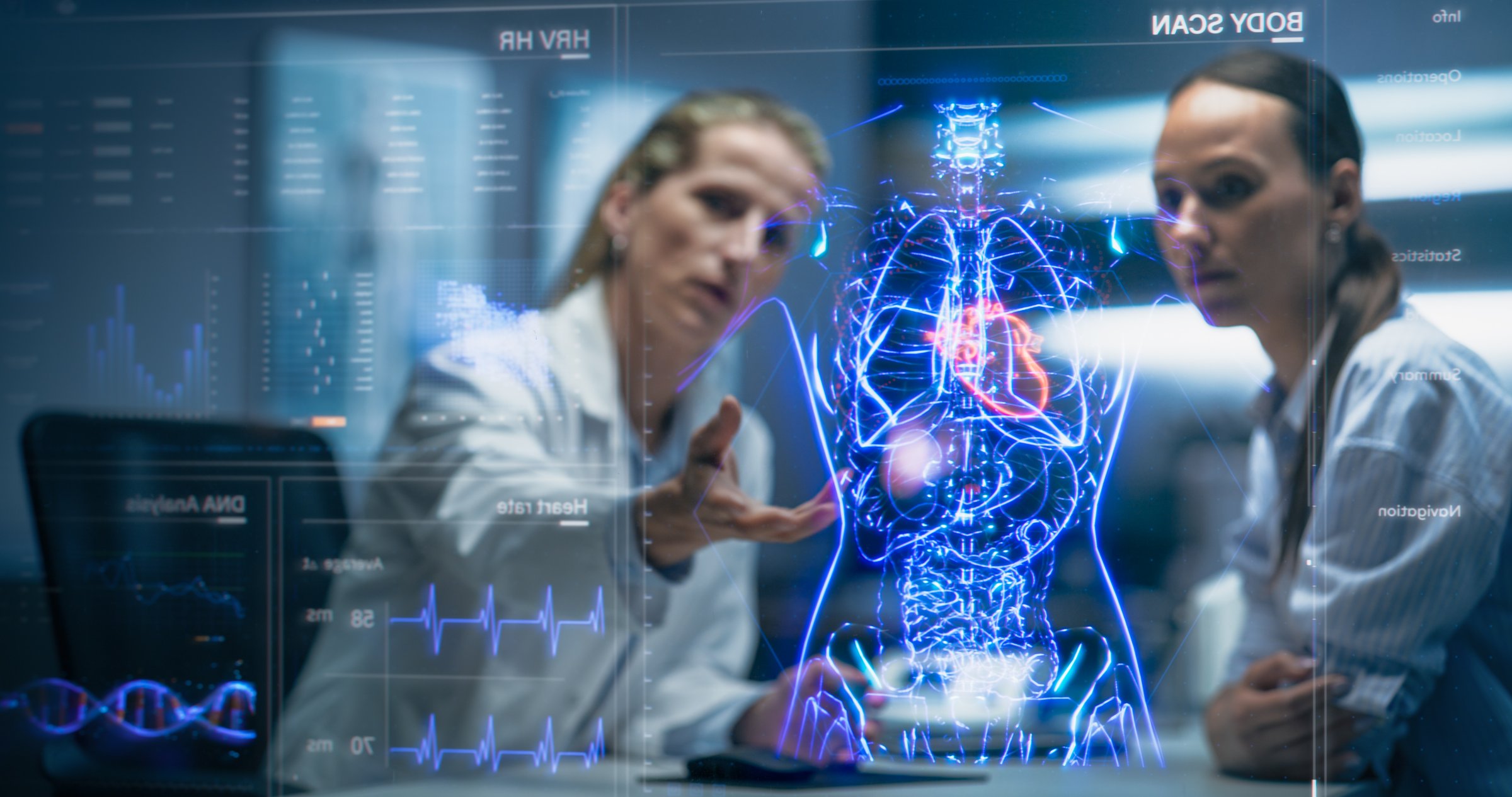 Physician And Patient Examine Holographic Body Models. Biosensors And AI-Driven Tissue Mapping Integrate Real-Time Metabolic Markers, Nanoscale Diagnostics, Targeted Biomolecular Intervention Planning