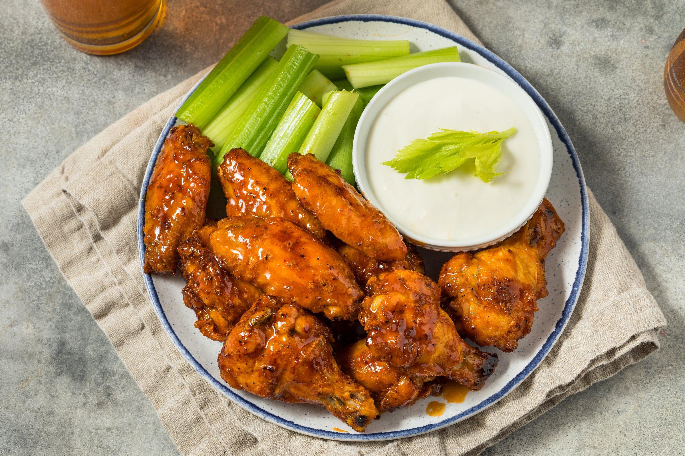 Homemade Buffalo BBQ Chicken Wings with Beer and Ranch Dressing for a Game