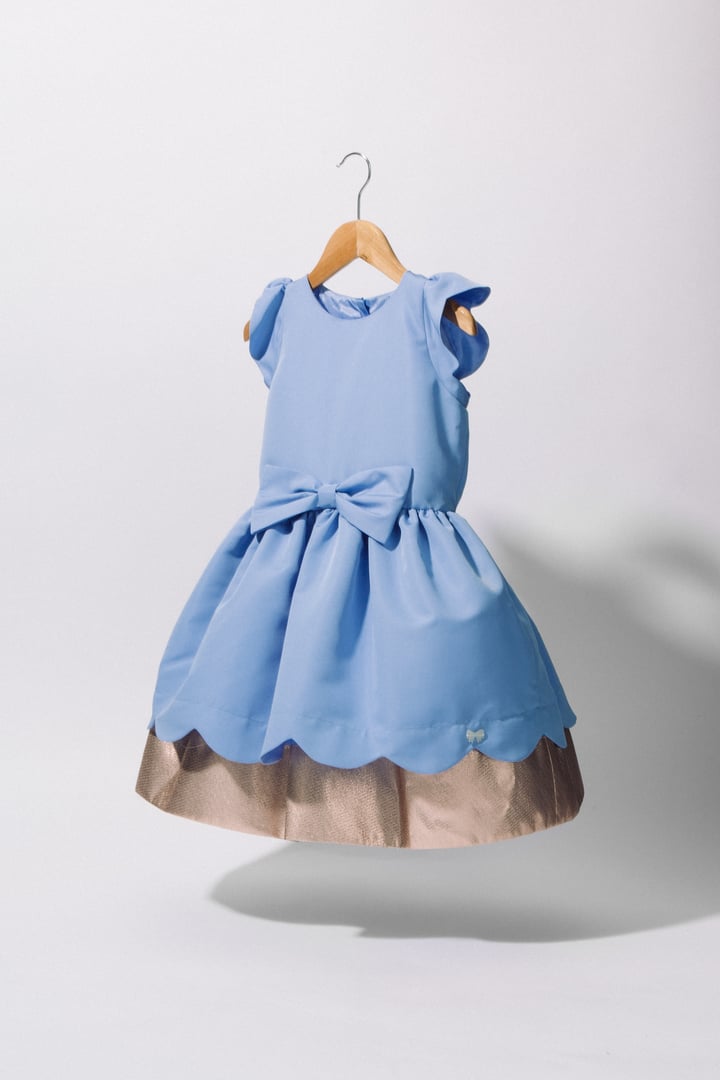A vertical shot of a cute blue and pink princess dress for a little kid on a white background