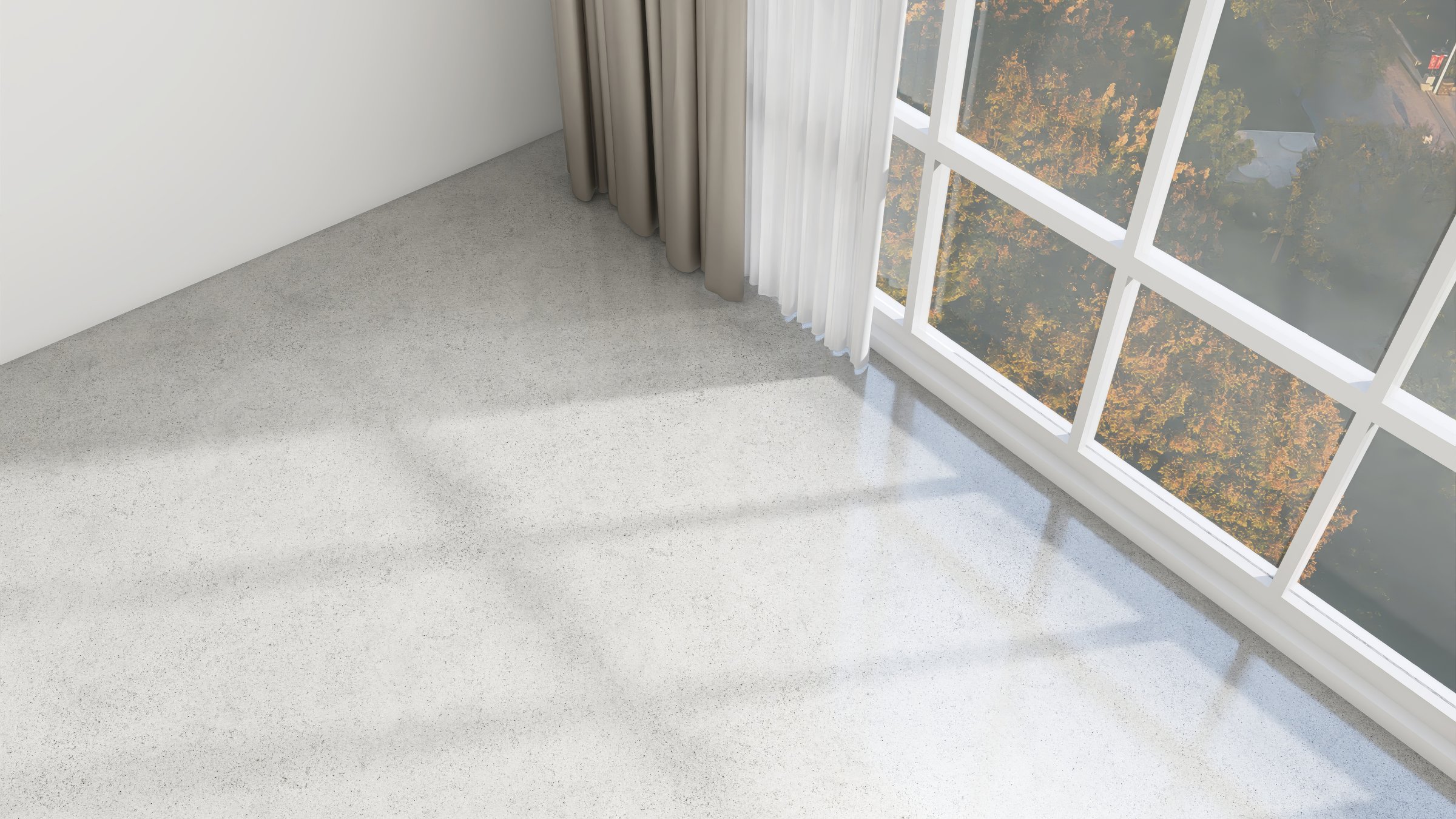 High angle of empty apartment room with gray polished concrete cement floor with large window, white sheer, beige blackout curtain for interior design decoration, product background 3D