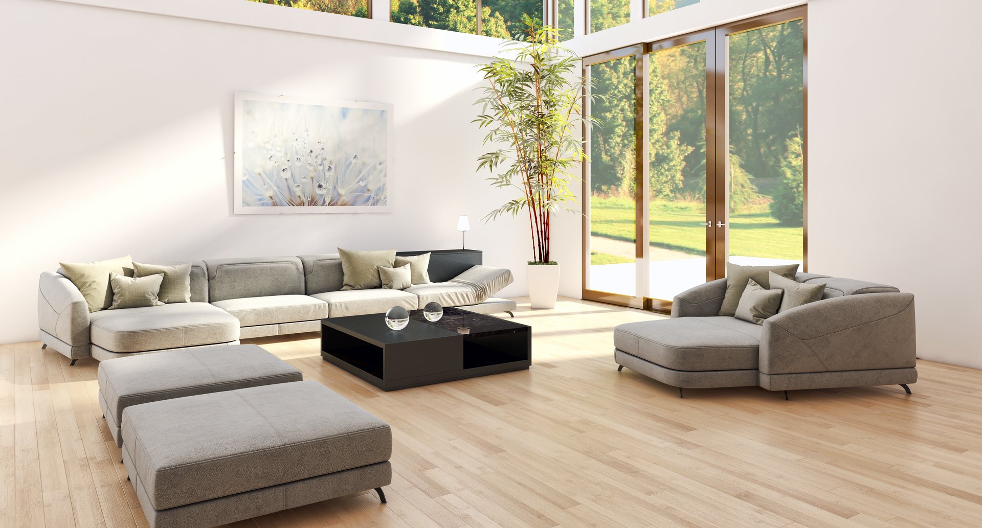 Large luxury modern bright interiors Living room mockup illustration 3D rendering image