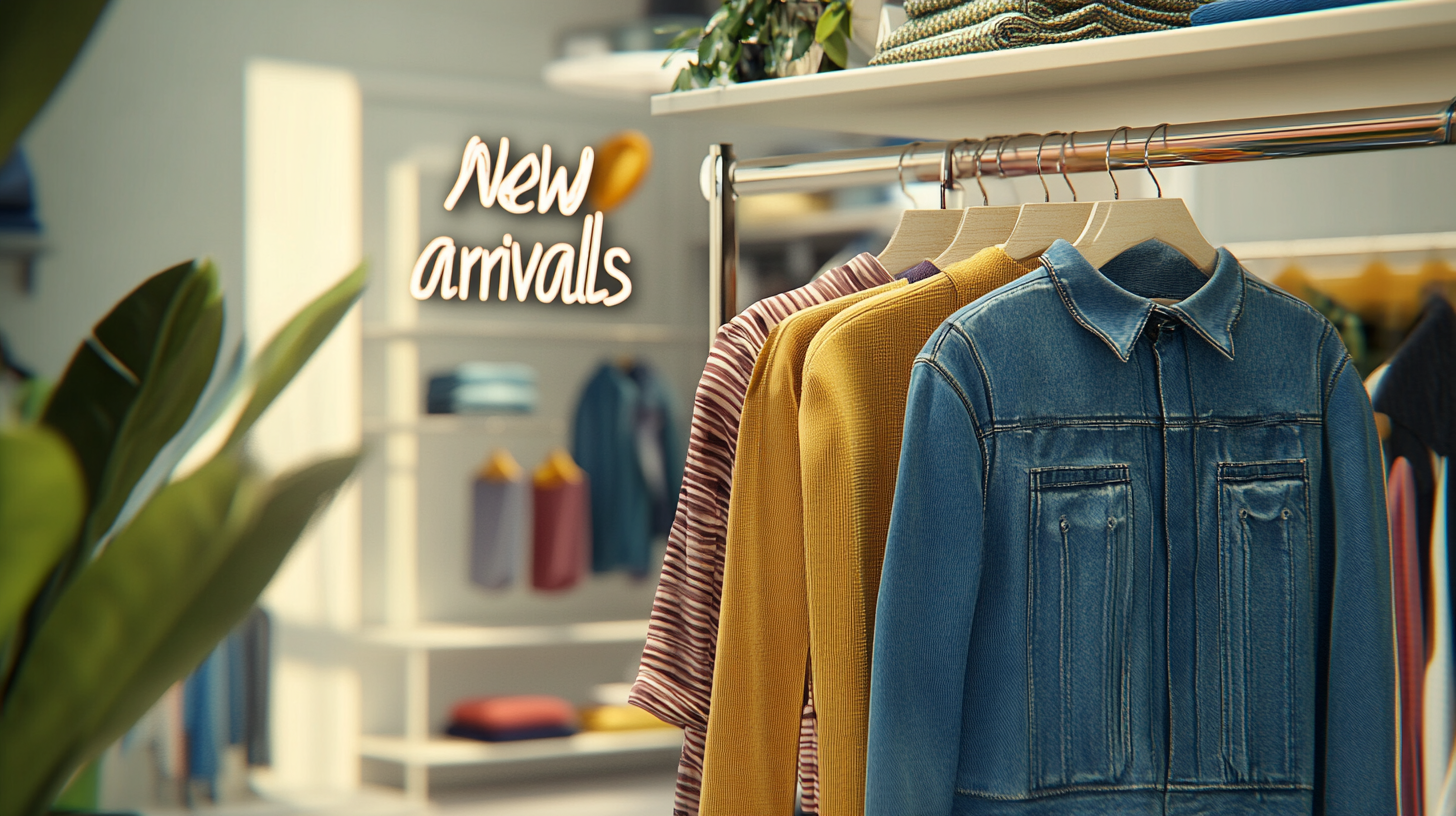 Clothing rack with new arrivals tag, featuring a denim jacket and colorful shirts in a stylish store setting.