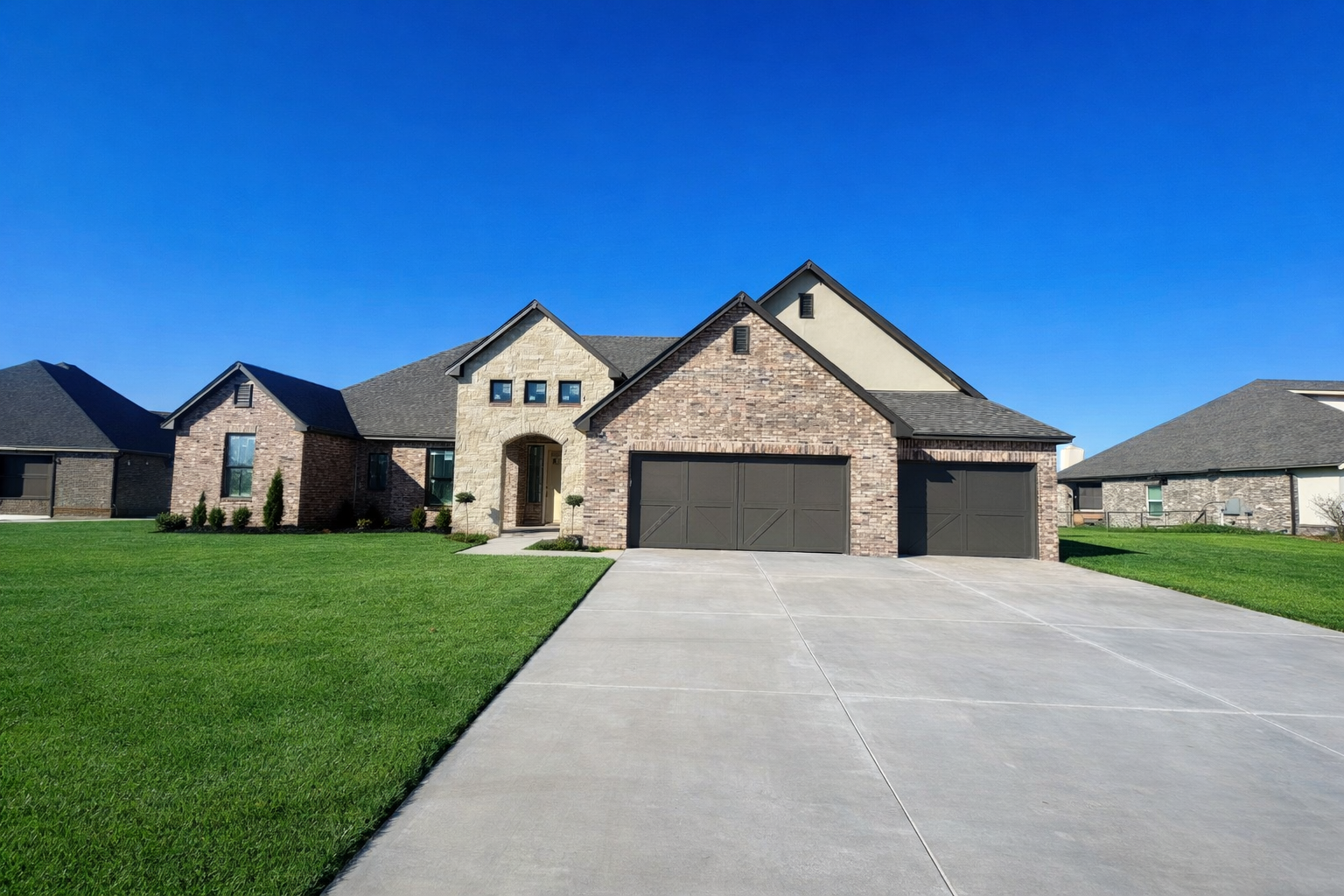 3d rendering of two-story house with parking and pool for sale or rent with concrete facade and beautiful landscaping. Clear summer night with many stars on the sky