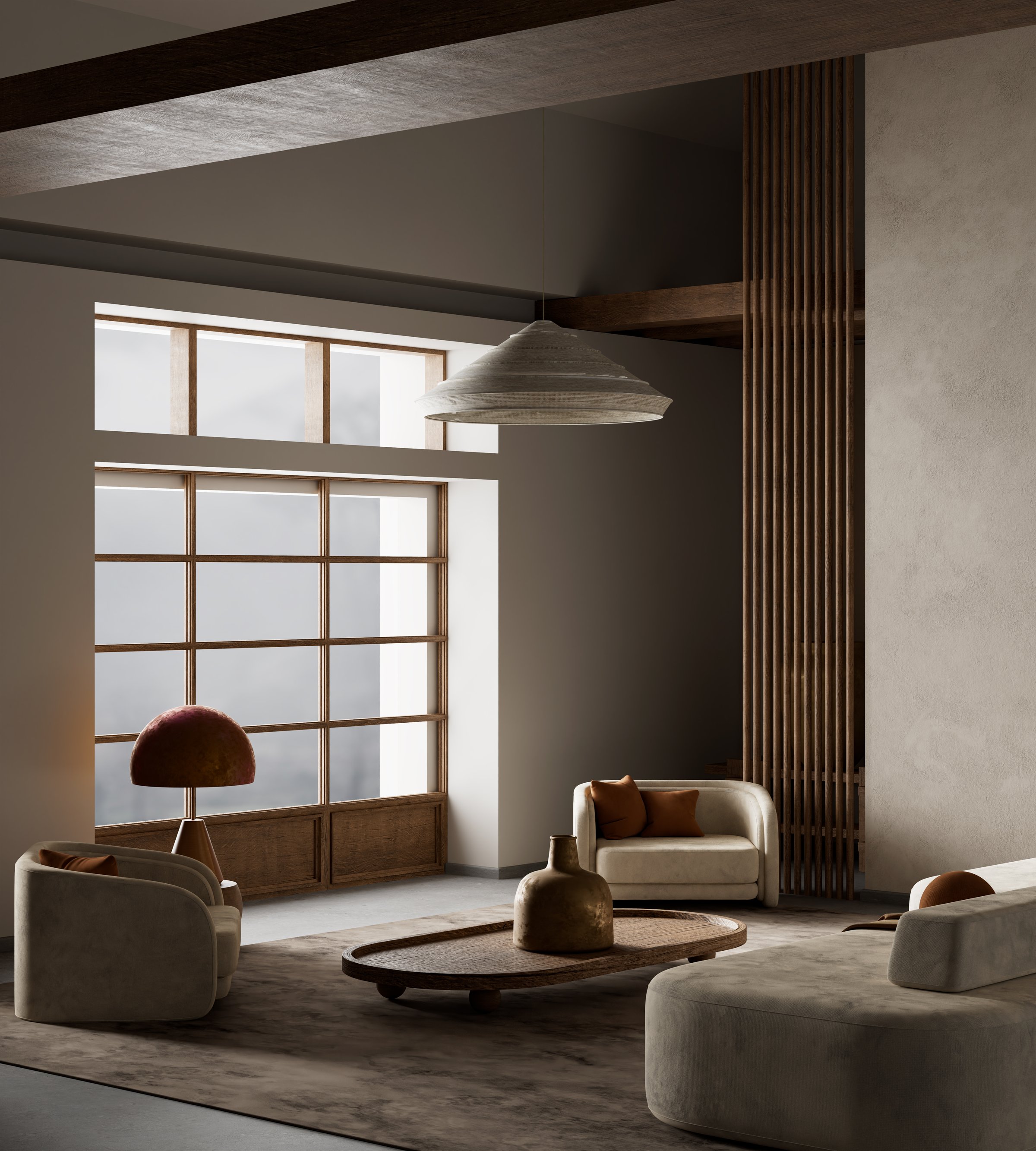A serene living room with soft textures, earthy hues, and sculptural accents, creating a peaceful and modern minimalist atmosphere flooded with natural light. 3D illustration