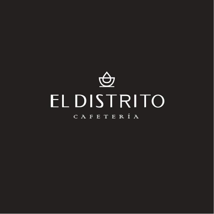 Logo of El Distrito Cafetería with a minimalist cup design above the name on a dark background.