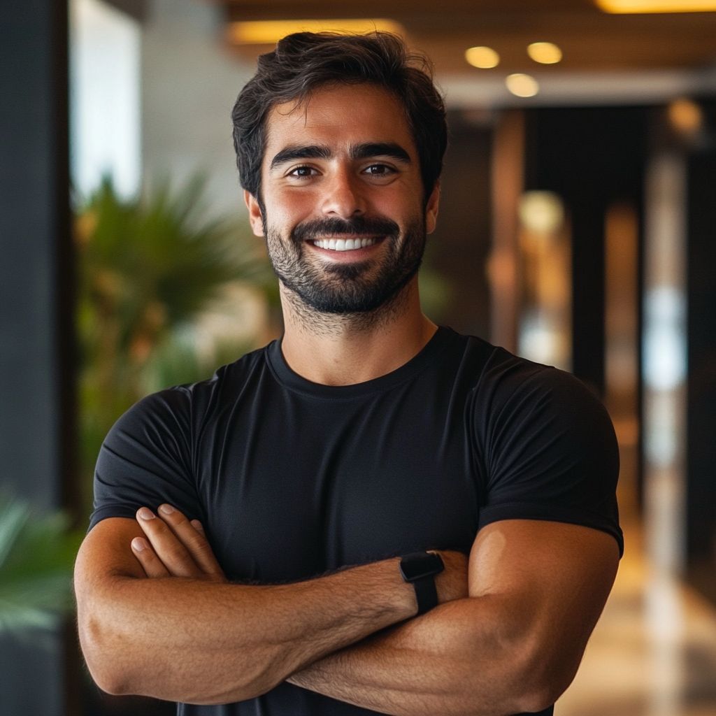 Man with dark hair and beard smiling, wearing a black t-shirt and smartwatch, standing in a modern interior with plants.