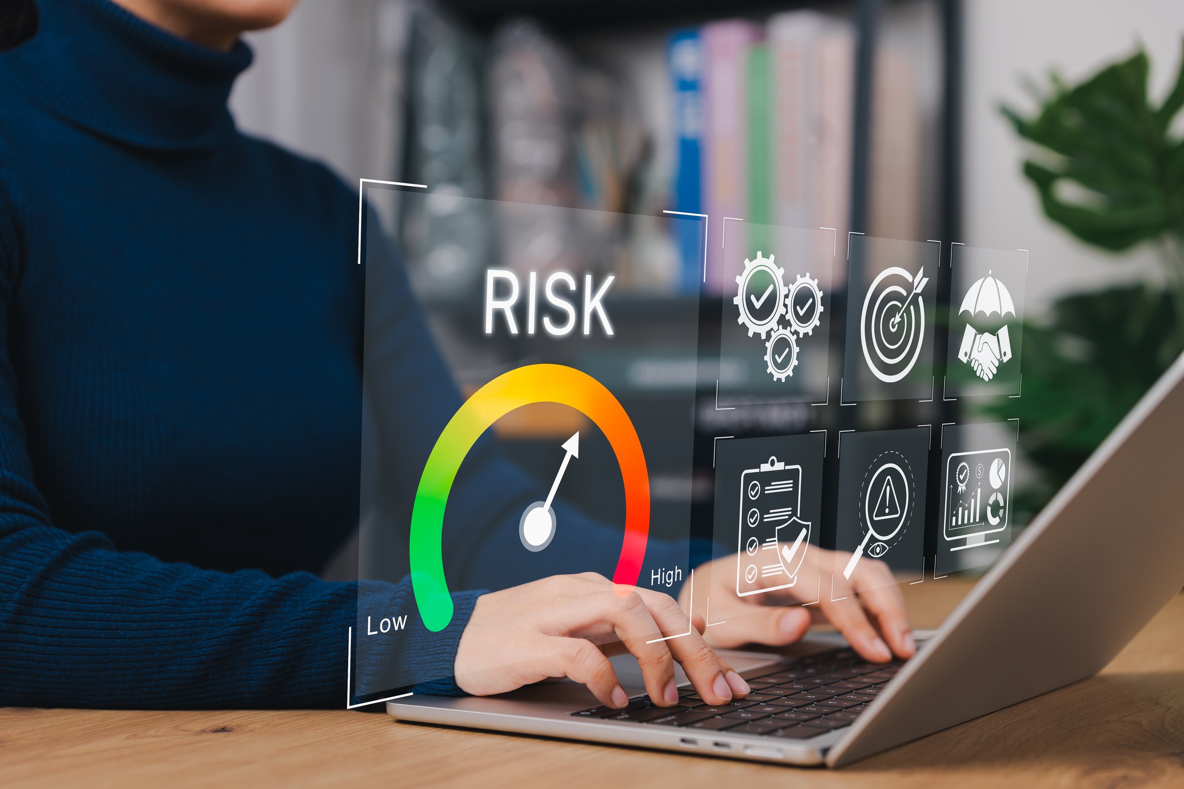 Risk assessment and management performance indicator gauge. Analyzing risk levels with icons of compliance, protection, analytics, mitigation strategies in corporate setting, business continuity,