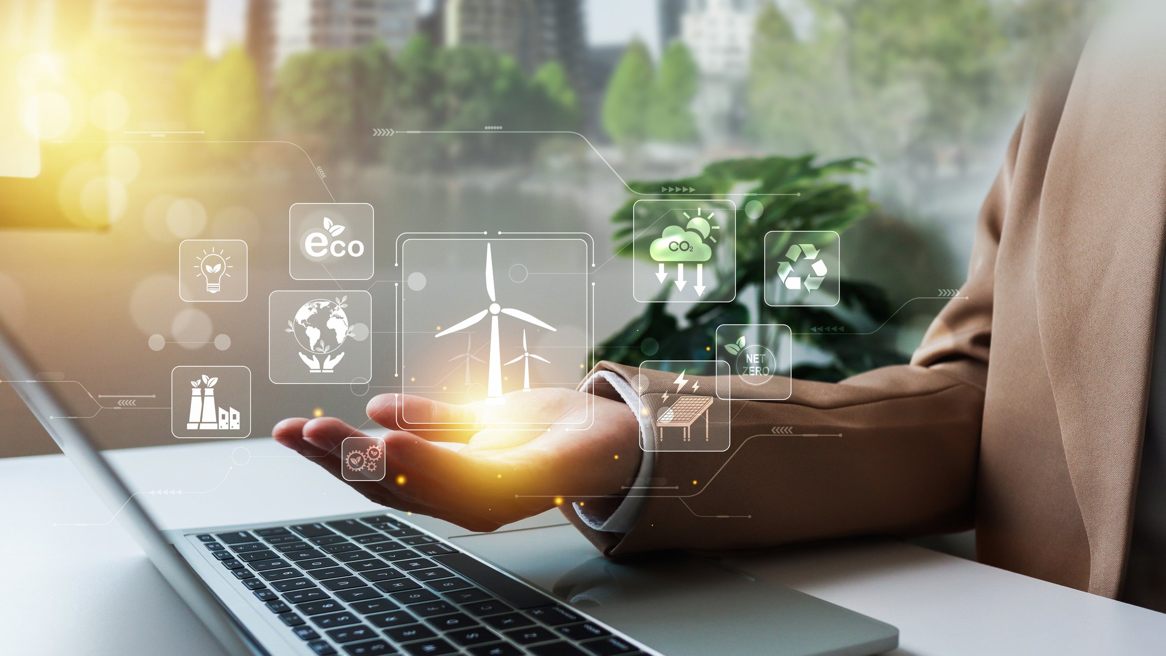 Businesswoman analyze investment sustainability ESG icons. ESG environmental protection concept, sustainable development, climate change, green energy recycle, Net zero and carbon neutral.