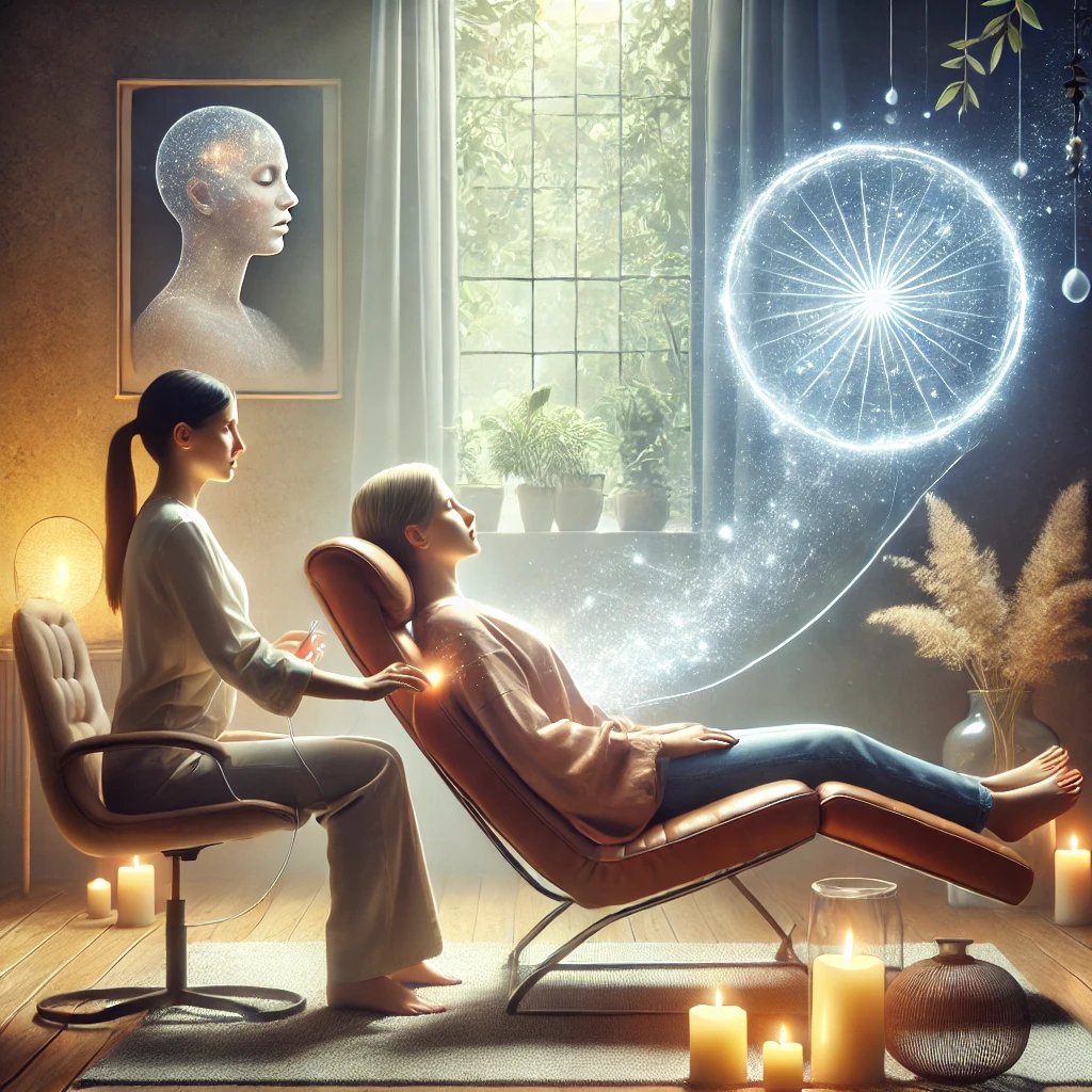 A therapist in a serene room conducts a healing session with a client, surrounded by candles and glowing energy symbols.