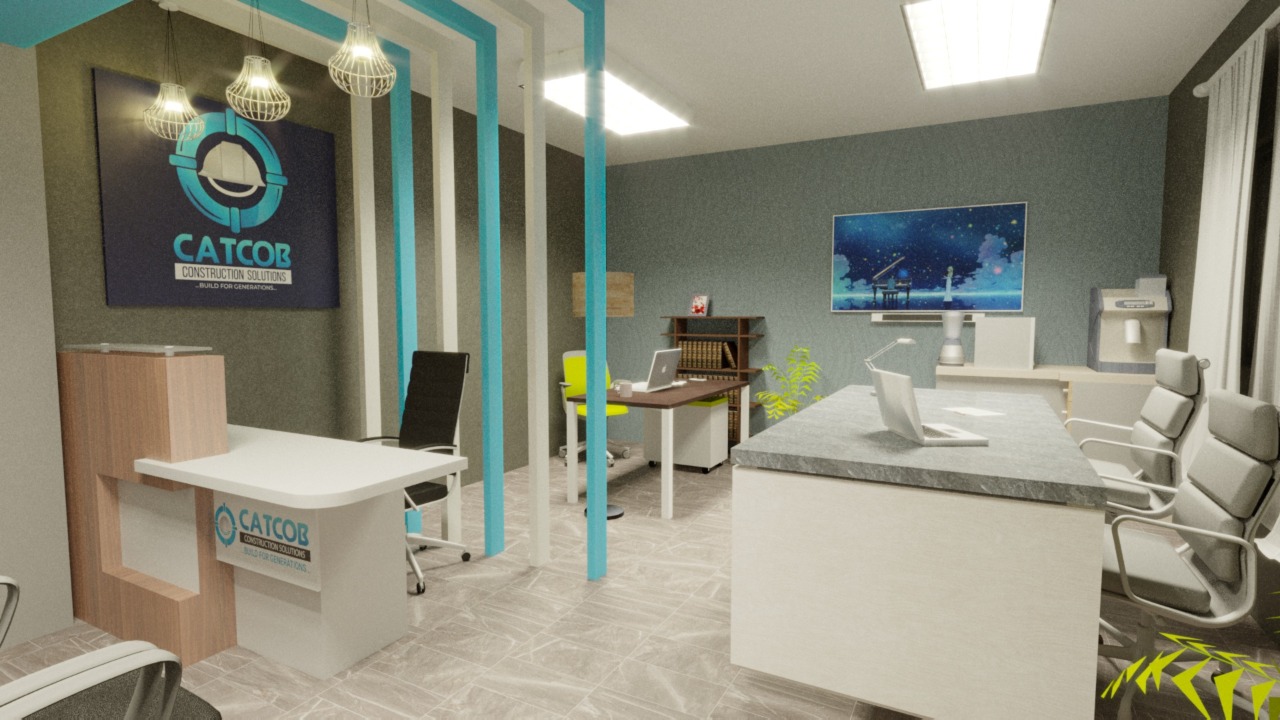Modern office with desks, chairs, CATCOR signs, plants, and abstract wall art under bright overhead lighting.