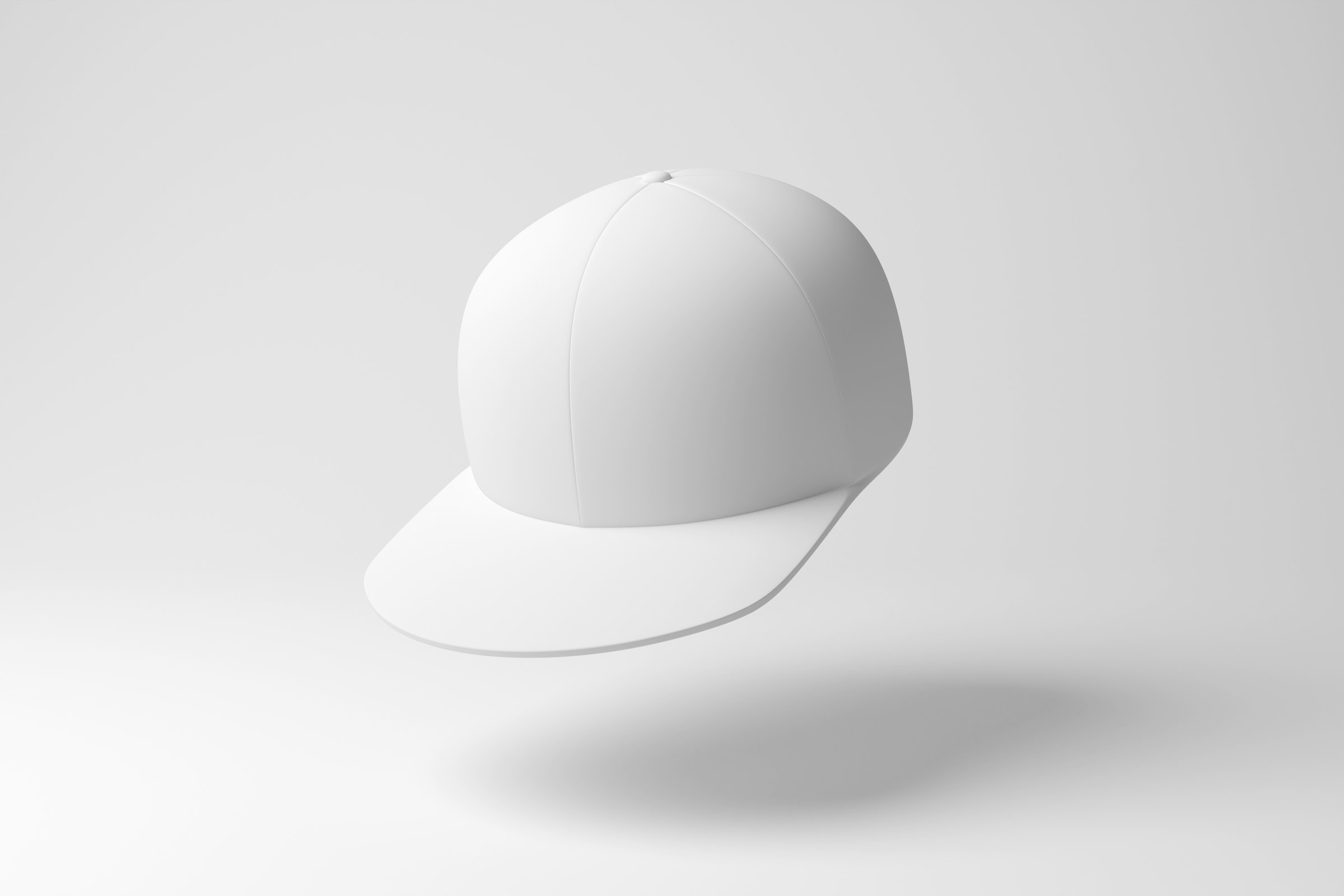 White snapback cap floating in mid air on white background in monochrome and minimalism. Illustration of the concept of fashion industry, clothing and textile