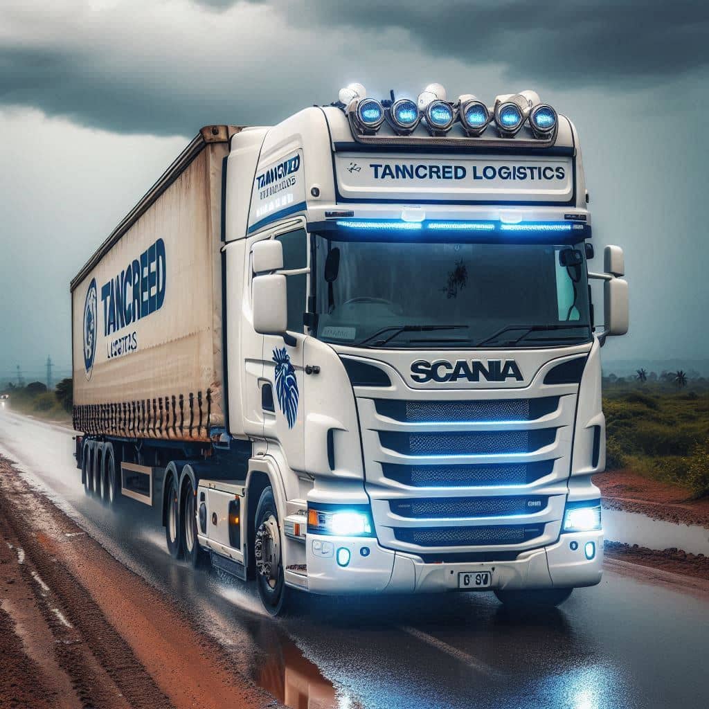 White Scania truck with "TANCREED LOGISTICS" branding, driving on a wet road under a cloudy sky with headlights on.