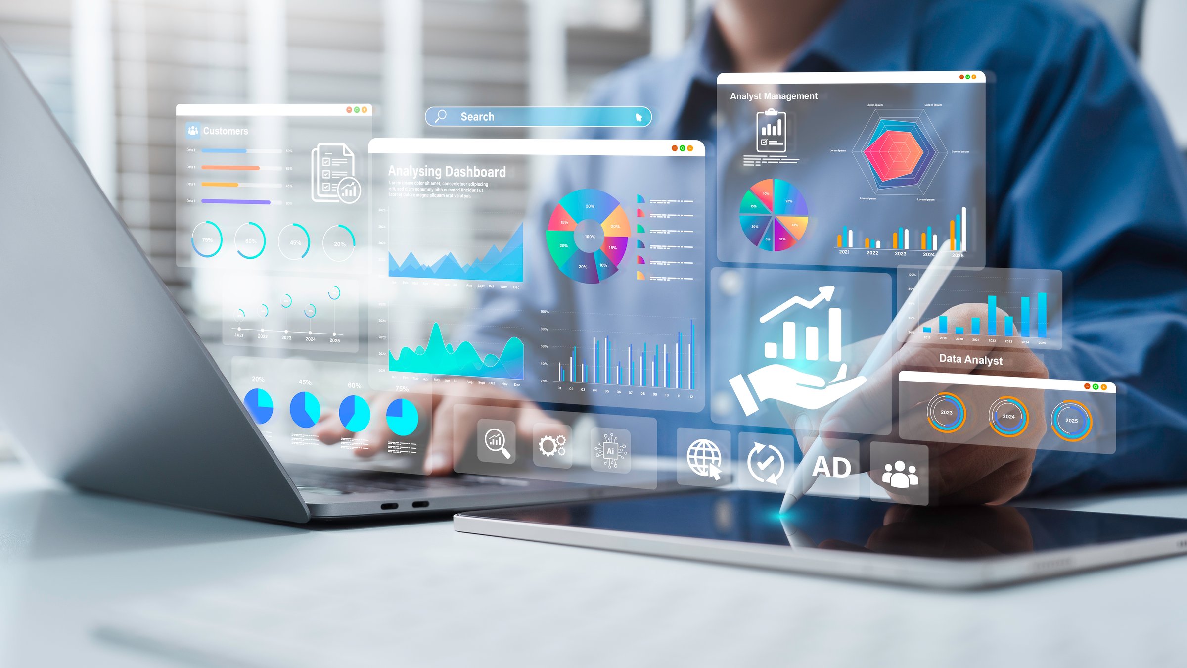 An analyst uses a computer and dashboard for data business analysis and Data Management System, Customers database, gather information to report. Data science technology and digital marketing